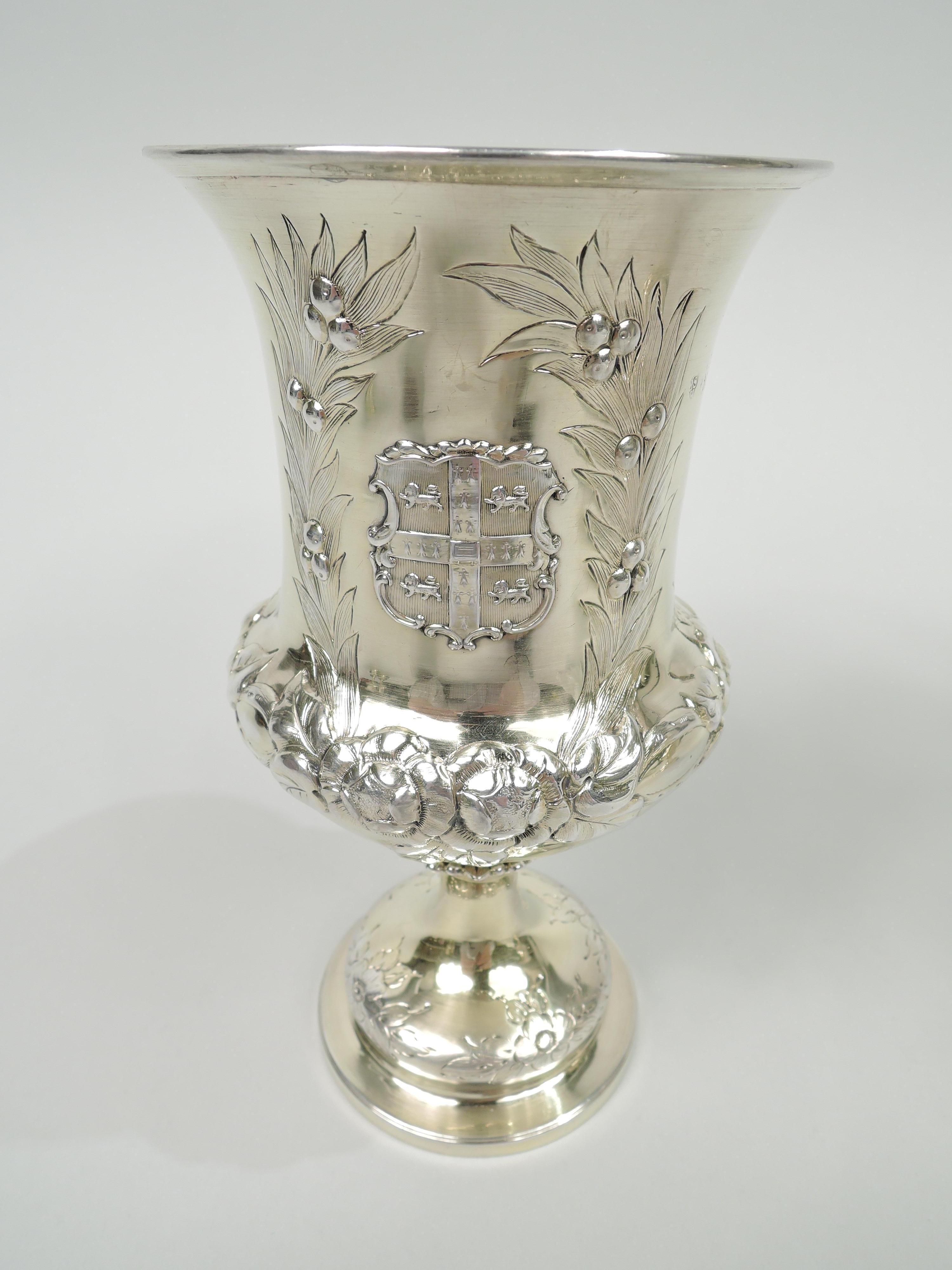 Late 19th Century Set of 6 Fancy English Victorian Classical Silver Gilt Chalice Goblets For Sale
