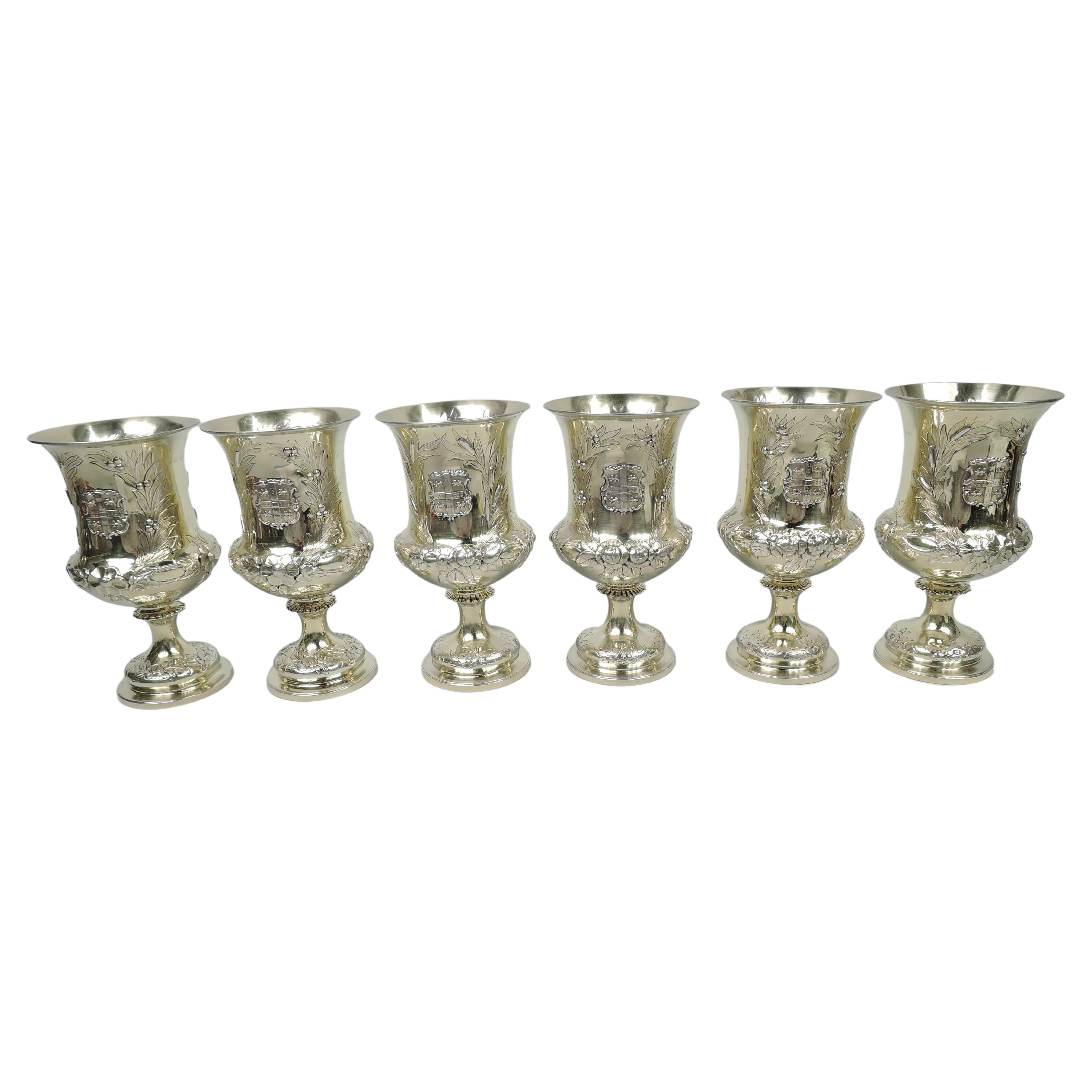 Set of 6 Fancy English Victorian Classical Silver Gilt Chalice Goblets For Sale