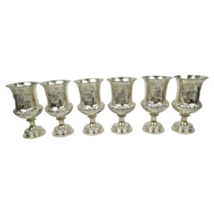 Antique Set of 6 Fancy English Victorian Classical Silver Gilt Chalice Goblets