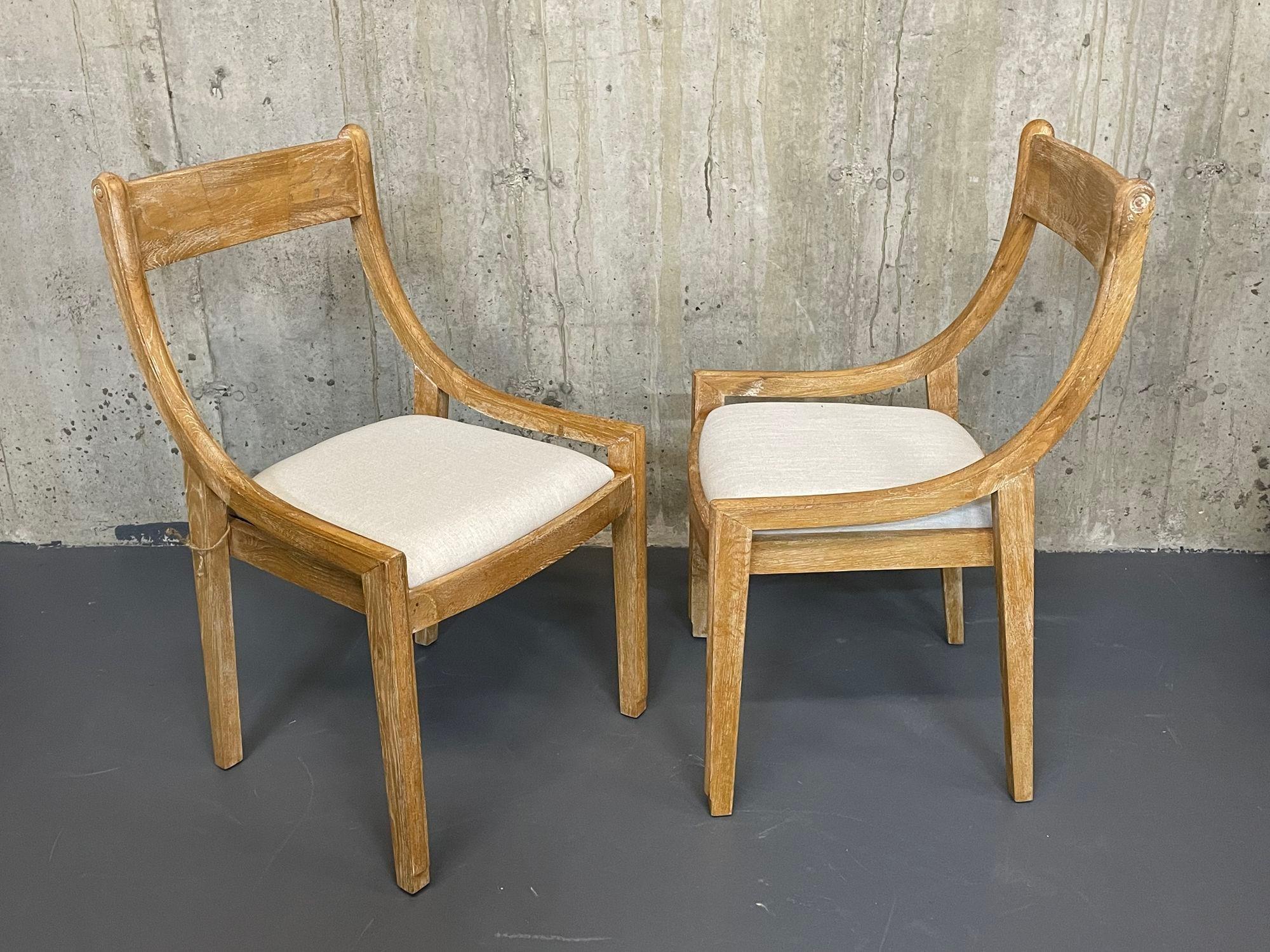 Set of 6 Farmhouse Modern Sleigh Back Dining / Side Chairs, Pickled Wood, Linen For Sale 6