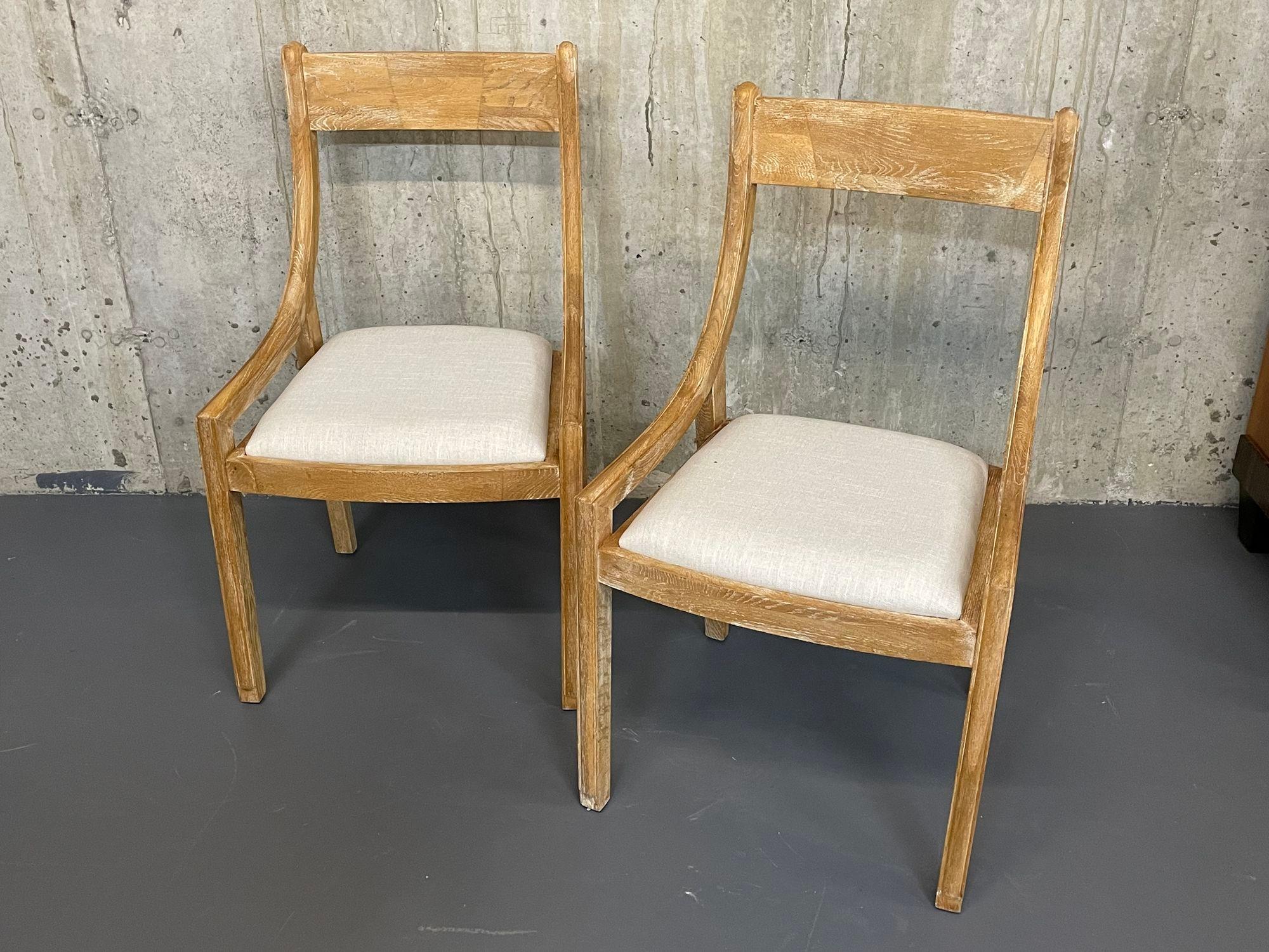 Set of 6 Farmhouse Modern Sleigh Back Dining / Side Chairs, Pickled Wood, Linen For Sale 7