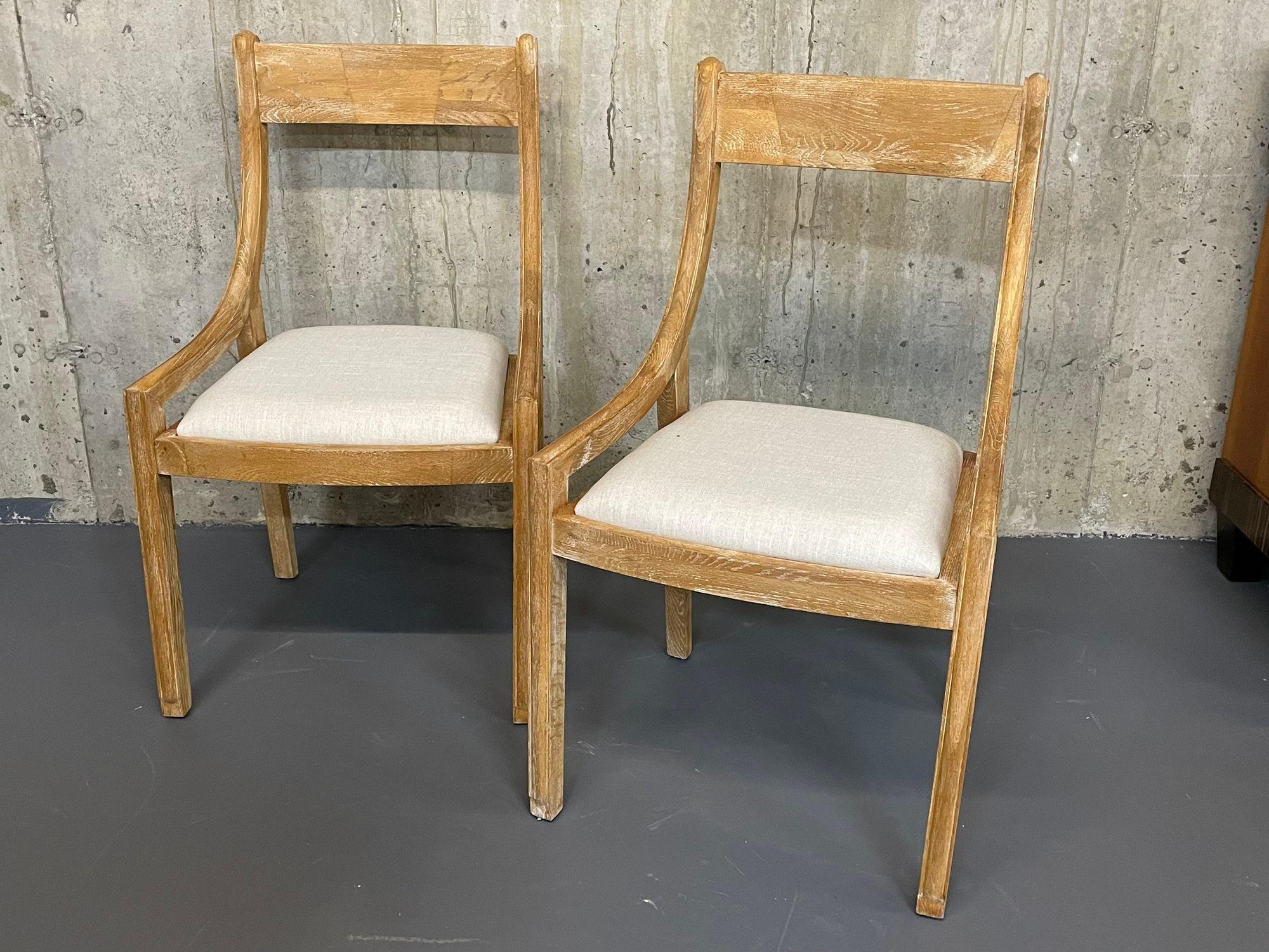 Set of 6 Farmhouse Modern Sleigh Back Dining / Side Chairs, Pickled Wood, Linen For Sale 9