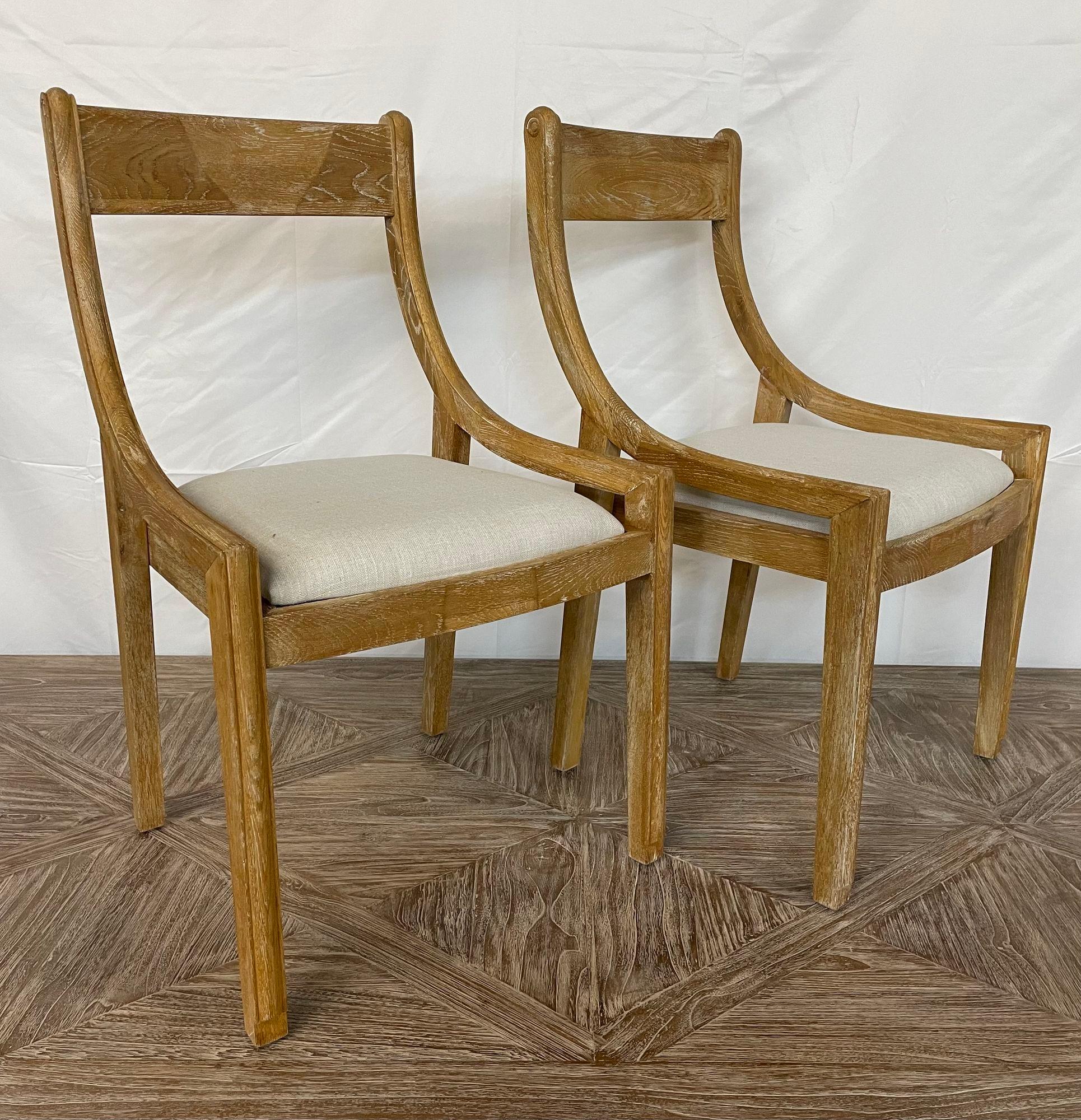 Set of 6 Farmhouse Modern Sleigh Back Dining / Side Chairs, Pickled Wood, Linen For Sale 10