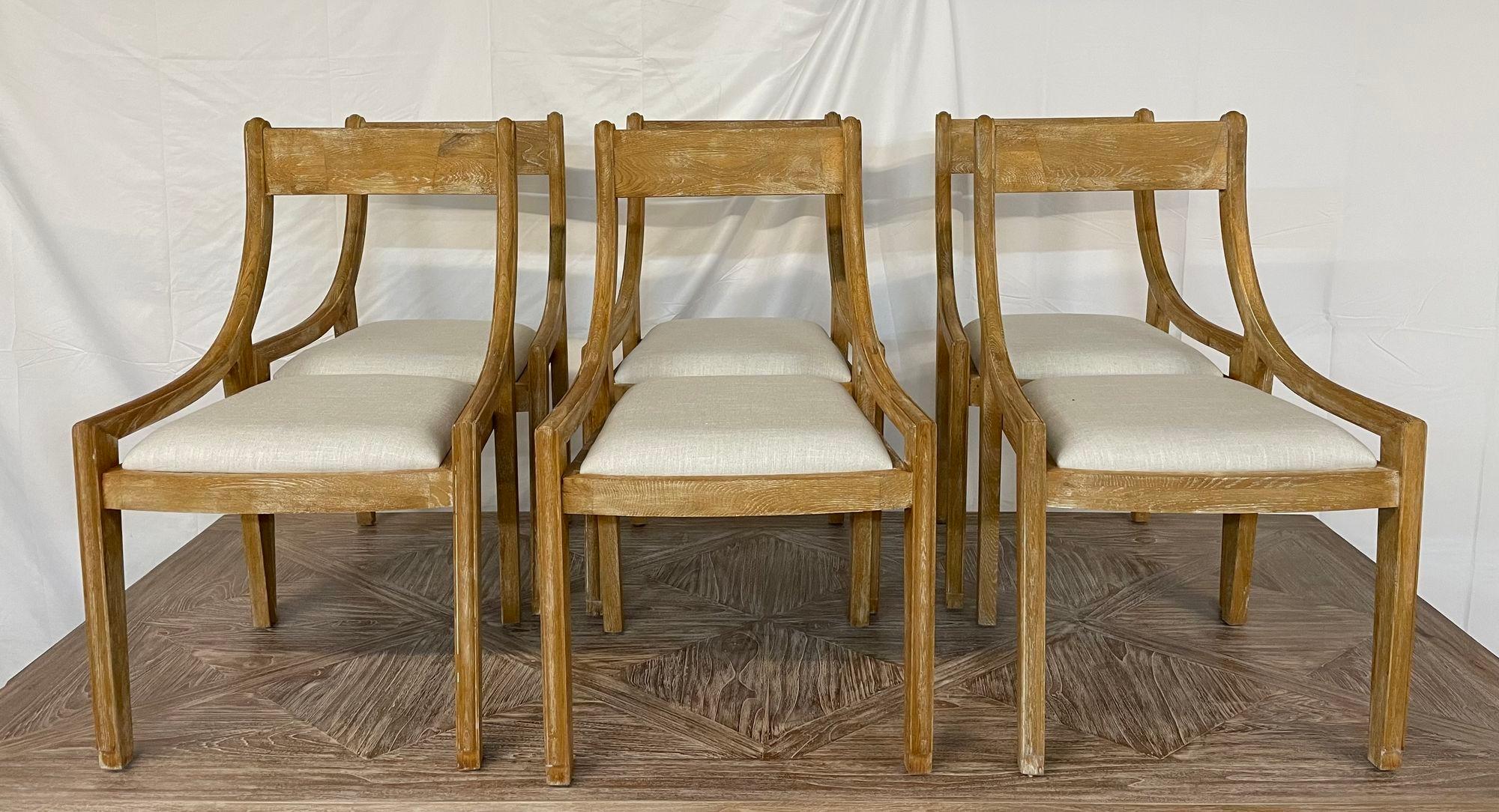Satz von 6 modernen Bauernhaus-Esszimmer-/Beistellstühlen mit Schlittenrückenlehne, gepflücktes Holz, Leinen im Zustand „Gut“ im Angebot in Stamford, CT