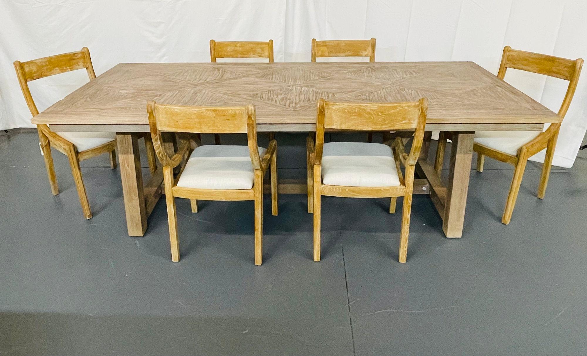 Set of 6 Farmhouse Modern Sleigh Back Dining / Side Chairs, Pickled Wood, Linen In Good Condition For Sale In Stamford, CT