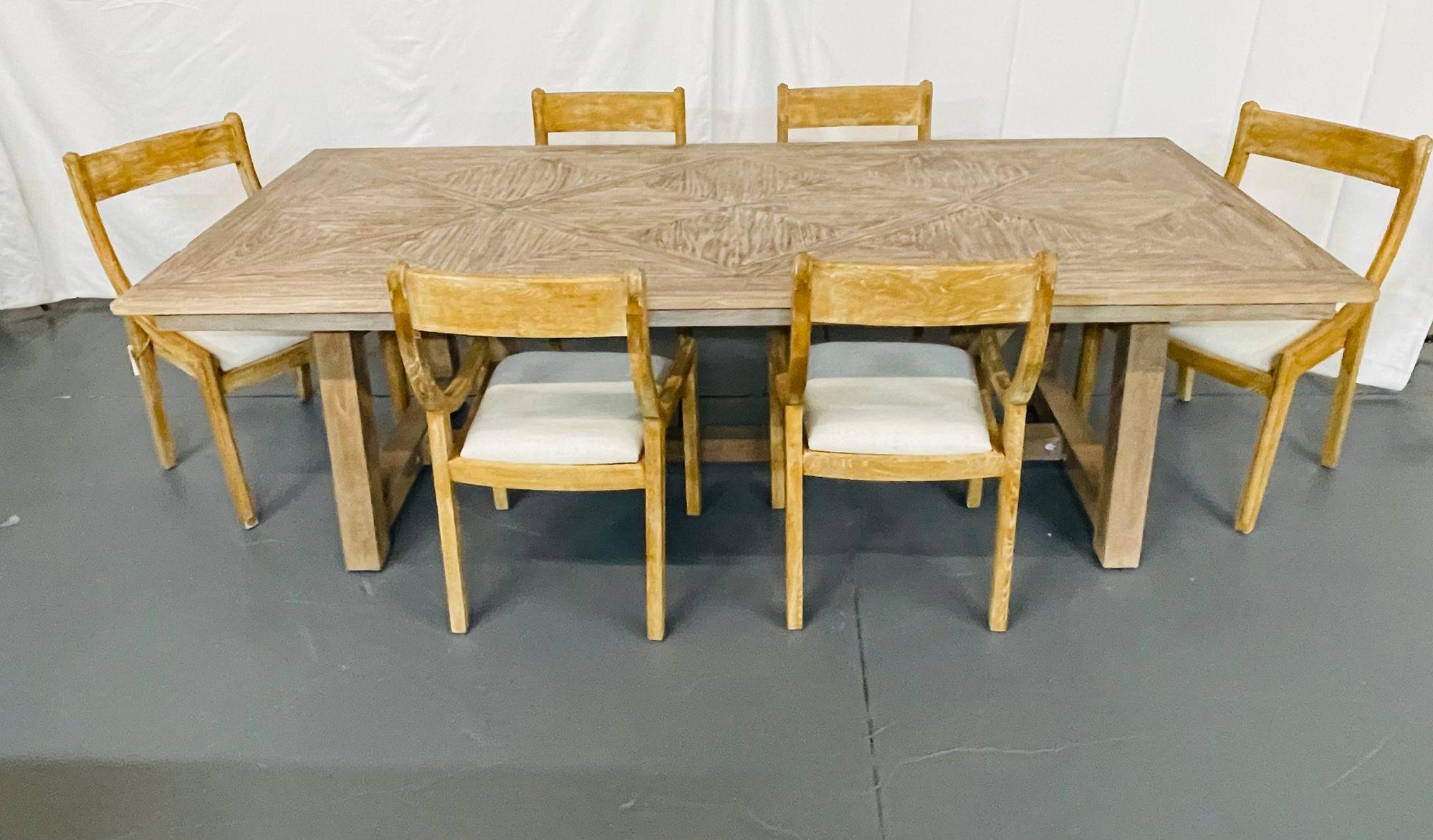 Contemporary Set of 6 Farmhouse Modern Sleigh Back Dining / Side Chairs, Pickled Wood, Linen For Sale