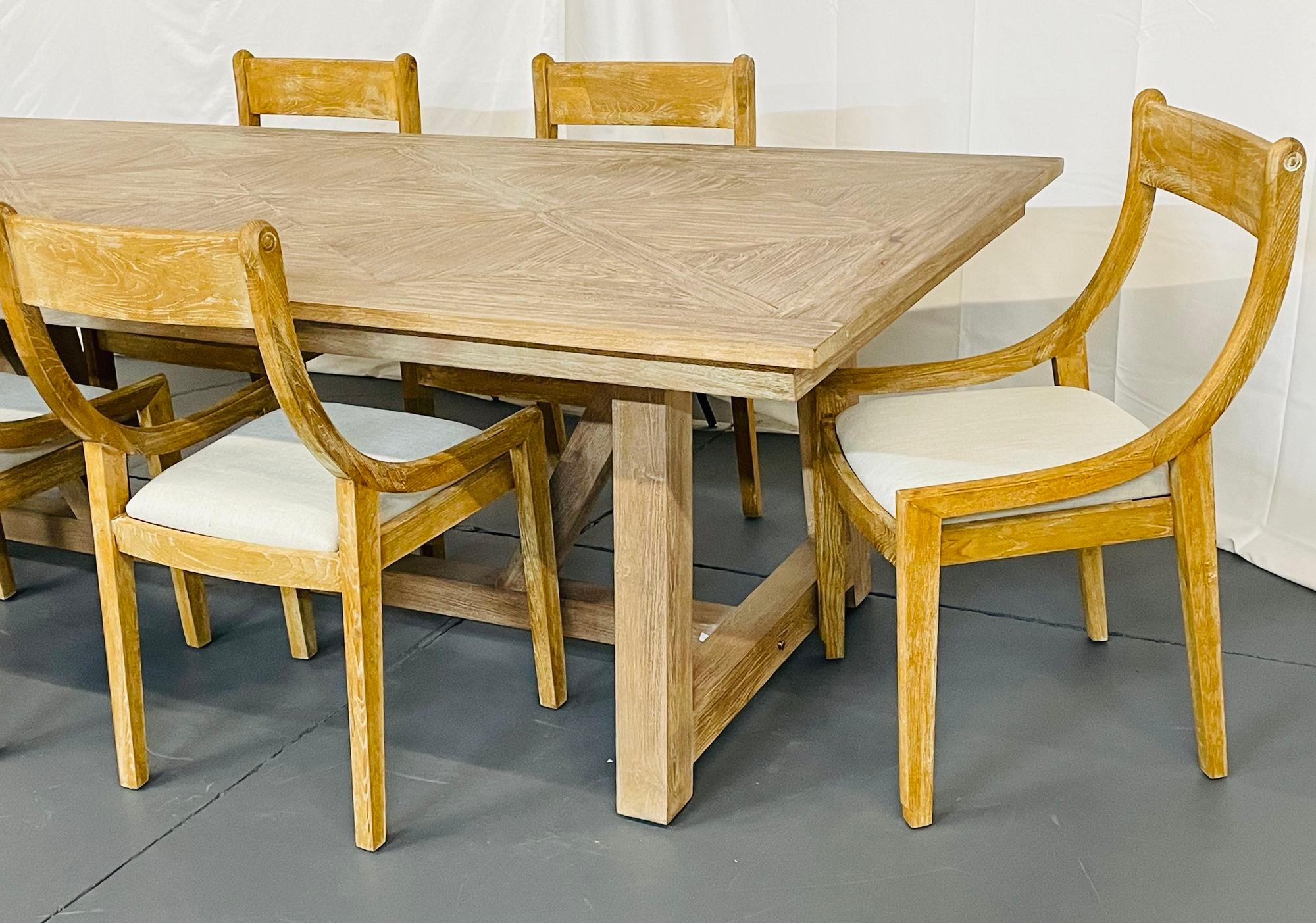 Set of 6 Farmhouse Modern Sleigh Back Dining / Side Chairs, Pickled Wood, Linen For Sale 1