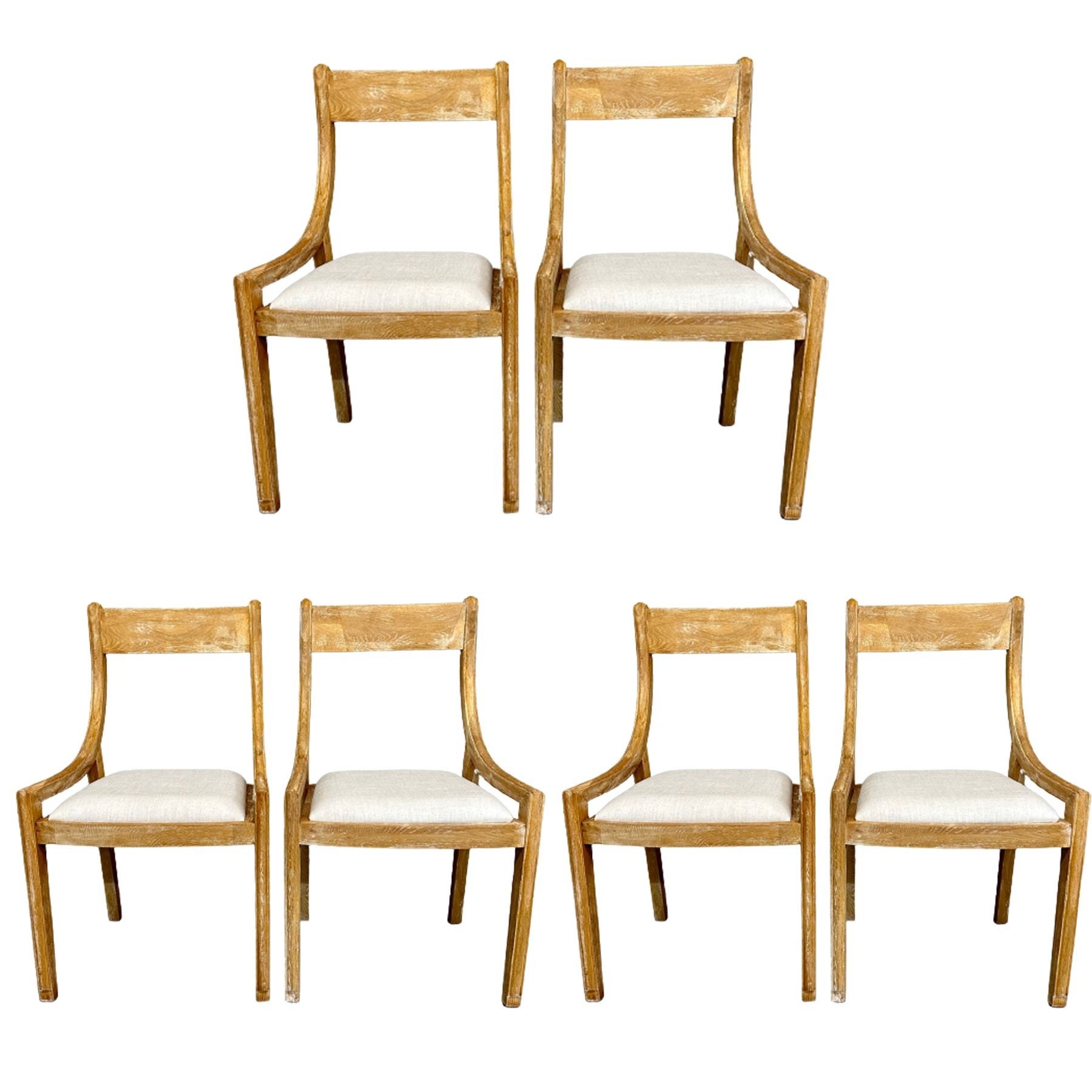 Set of 6 Farmhouse Modern Sleigh Back Dining / Side Chairs, Pickled Wood, Linen For Sale
