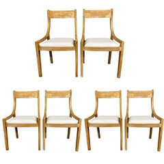 Set of 6 Farmhouse Modern Sleigh Back Dining / Side Chairs, Pickled Wood, Linen