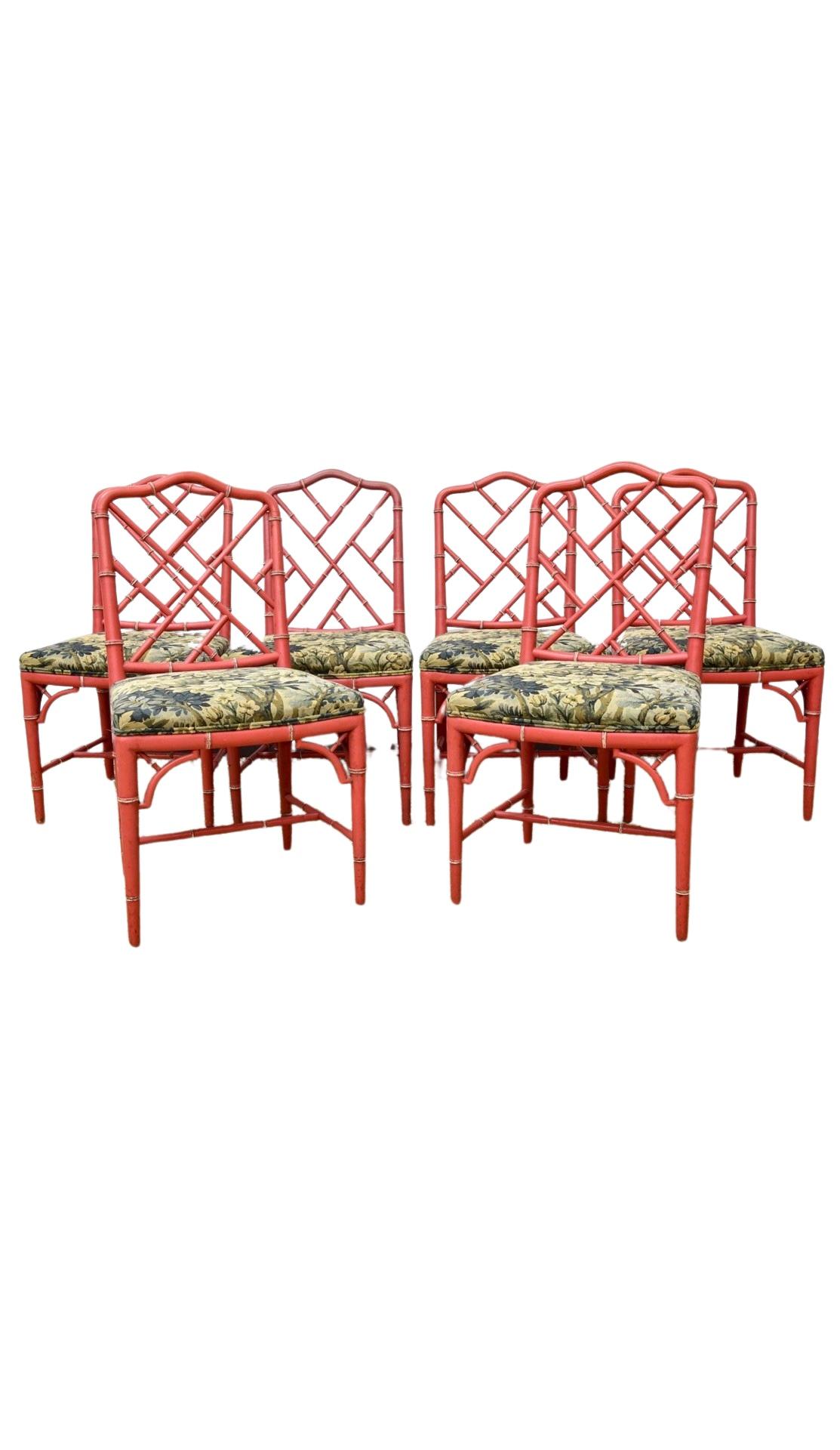 This Set of 6 Faux Bamboo Dining Chairs is a sophisticated blend of Chinoiserie-inspired design and bold modern styling. Each chair features a faux bamboo frame meticulously crafted to mimic the organic texture and shape of real bamboo, lending the