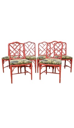 Set of 6 Faux Bamboo Dining Chairs, Coral Red - Tapestry Seats