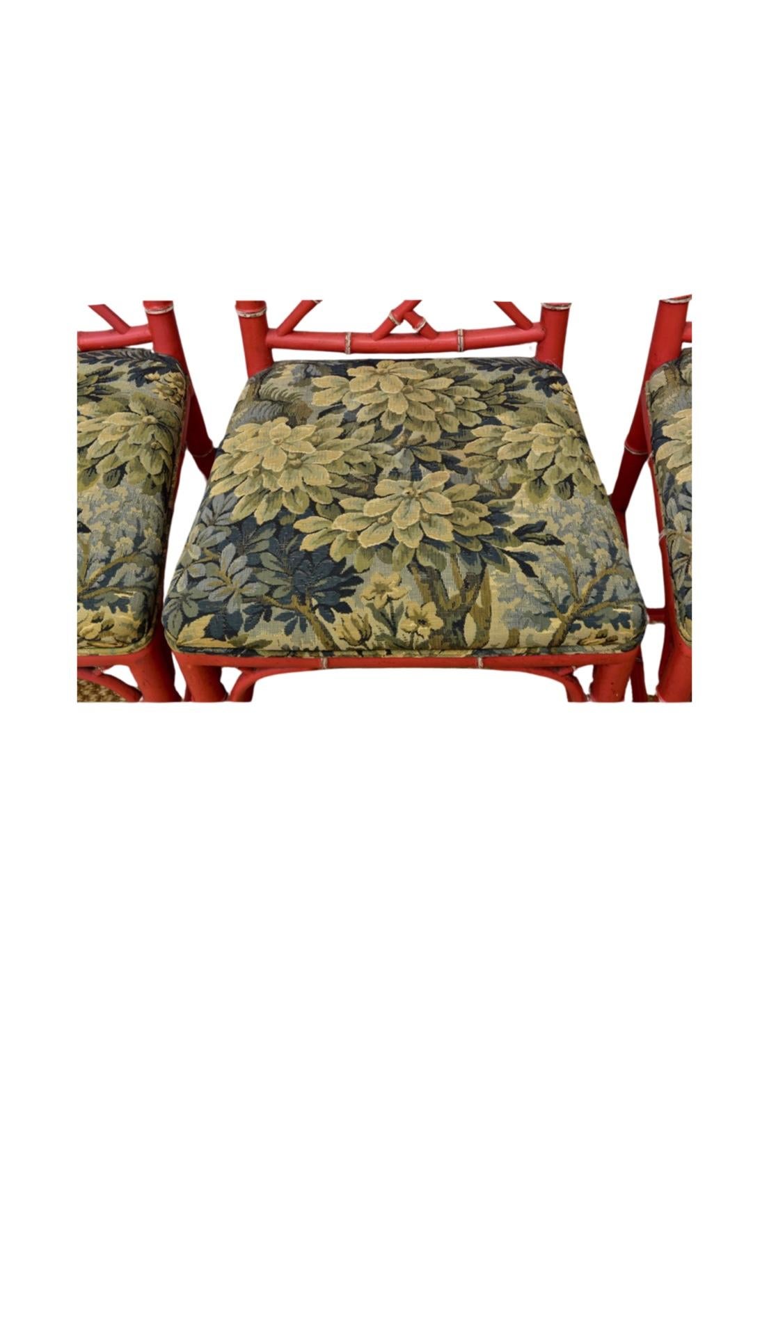 Chinese Chippendale Set of 6 Faux Bamboo Dining Chairs, Coral Red - Tapestry Seats