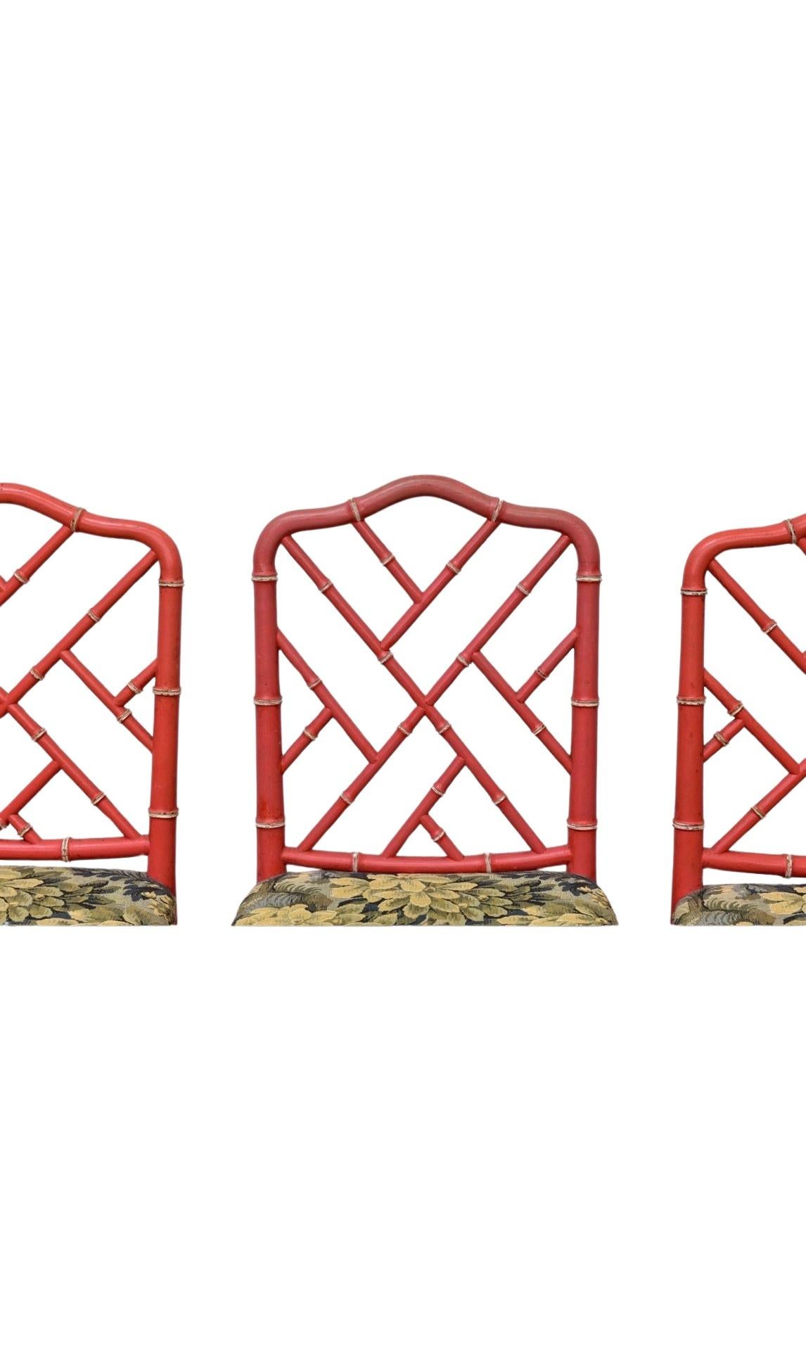 British Set of 6 Faux Bamboo Dining Chairs, Coral Red - Tapestry Seats