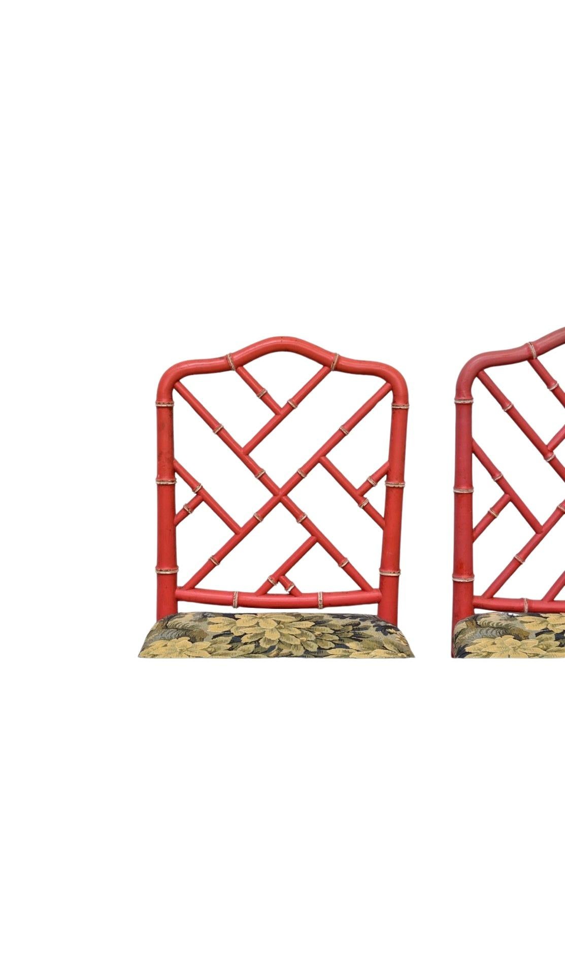Set of 6 Faux Bamboo Dining Chairs, Coral Red - Tapestry Seats In Good Condition In Atlanta, GA