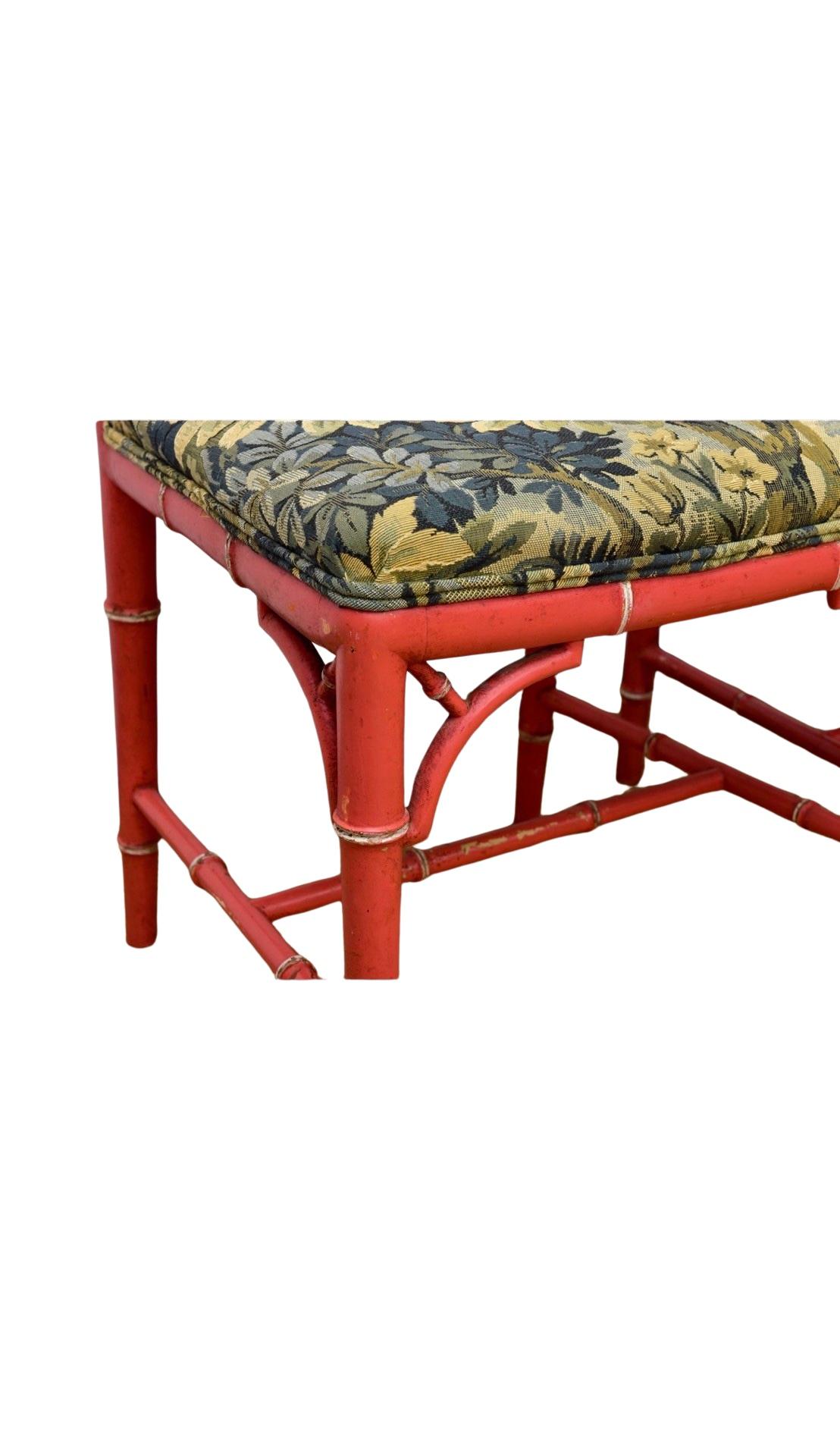 20th Century Set of 6 Faux Bamboo Dining Chairs, Coral Red - Tapestry Seats