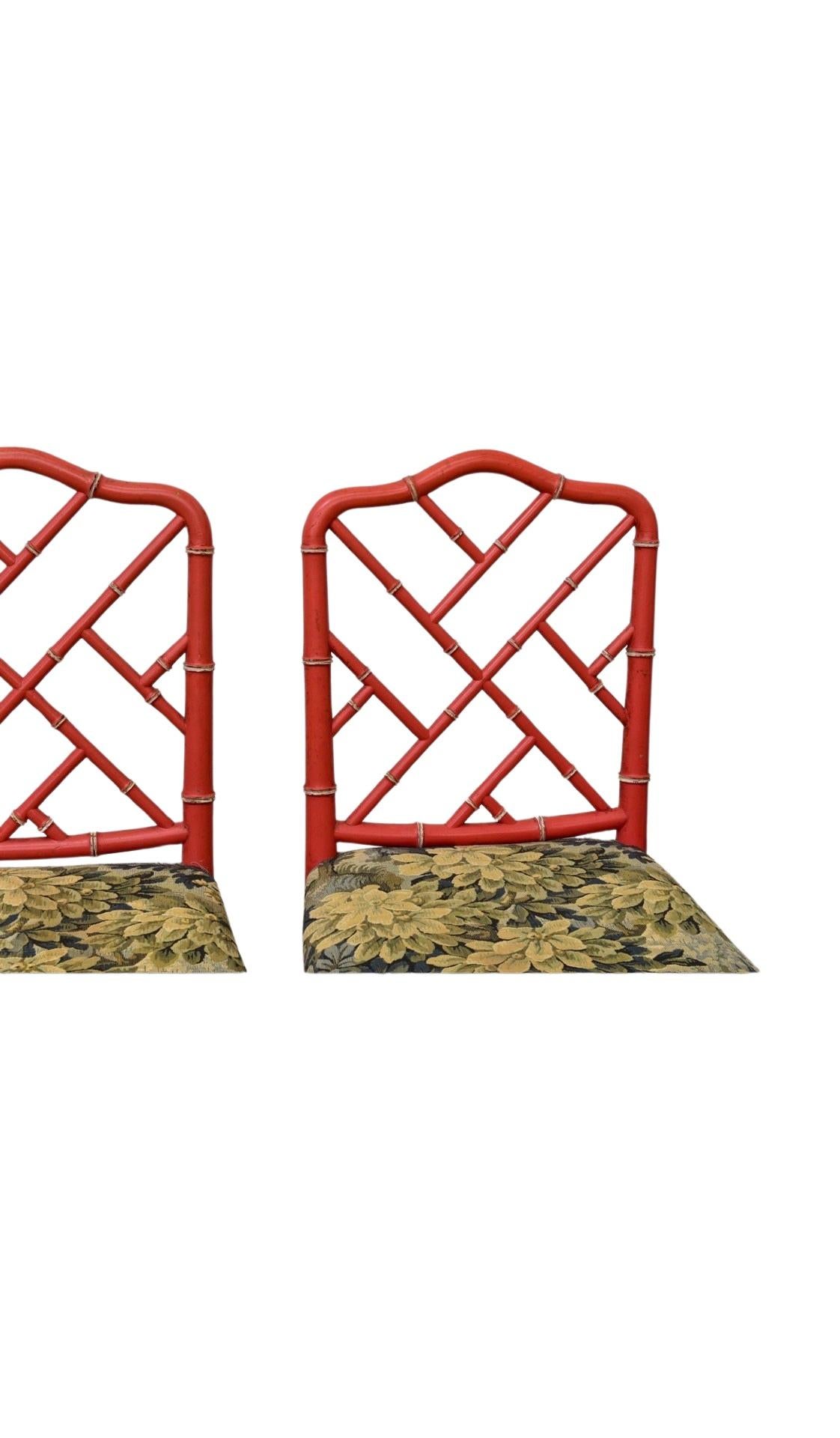 Set of 6 Faux Bamboo Dining Chairs, Coral Red - Tapestry Seats 1
