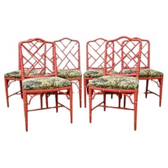 Ensemble de 6 chaises de salle à manger en faux bambou, rouge corail - sièges en tapisserie