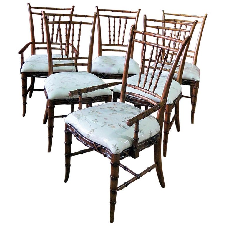 Set of 6 Carved Walnut French Faux Bamboo Dining Chairs For Sale at 1stDibs