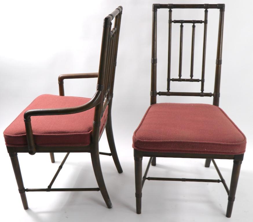 Upholstery Set of 6 Faux Bamboo Dining Chairs in the style of McGuire For Sale