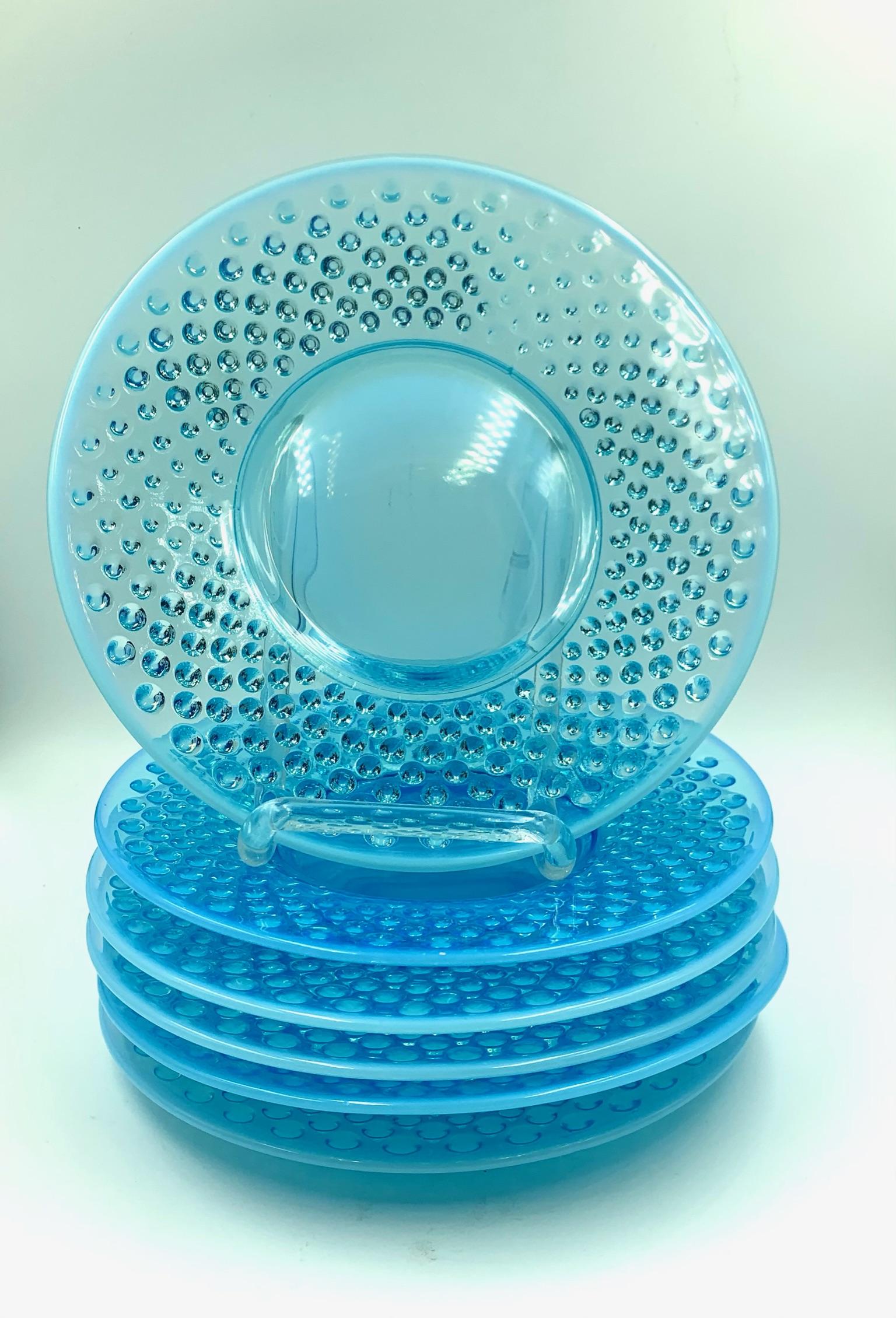 Delightful 7.88 inch aqua or turquoise blue hobnail depression glass plates are the perfect size to use for luncheon, dessert or salad.