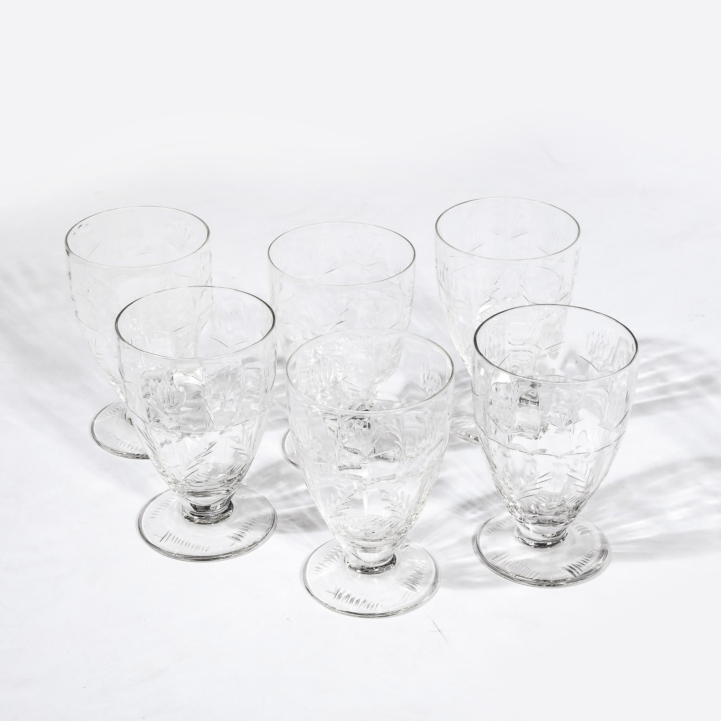 French Set of 6 Fine Art Deco Cut Crystal Water Glasses with Foliate Motifs For Sale