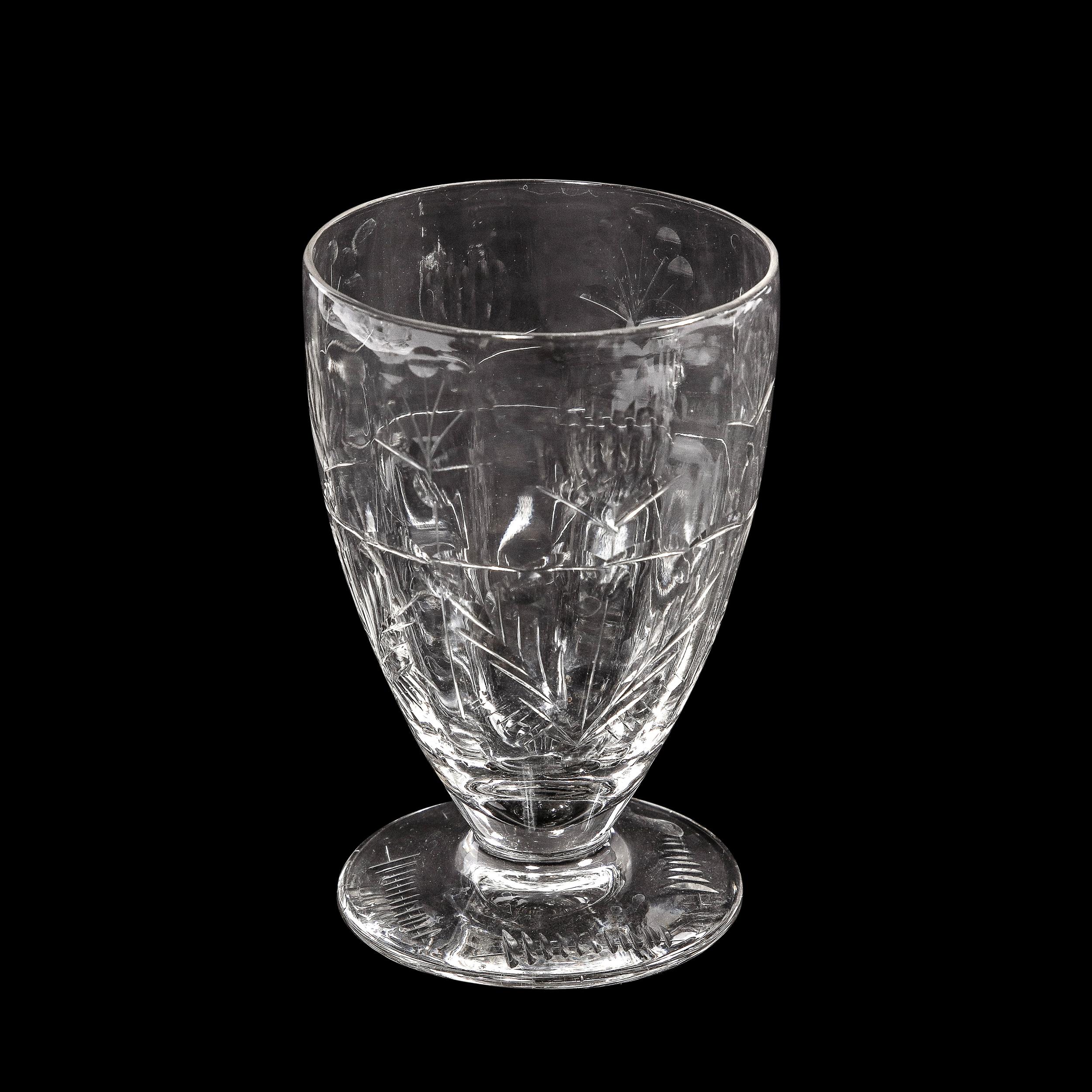 Etched Set of 6 Fine Art Deco Cut Crystal Water Glasses with Foliate Motifs For Sale