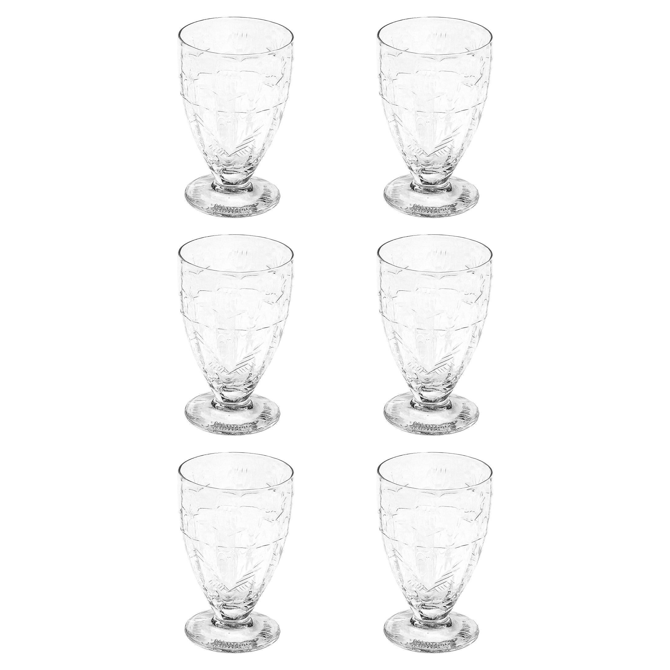 French Vintage Handcraft Set of Six Crystal Wine Glasses Style of Lalique  at 1stDibs