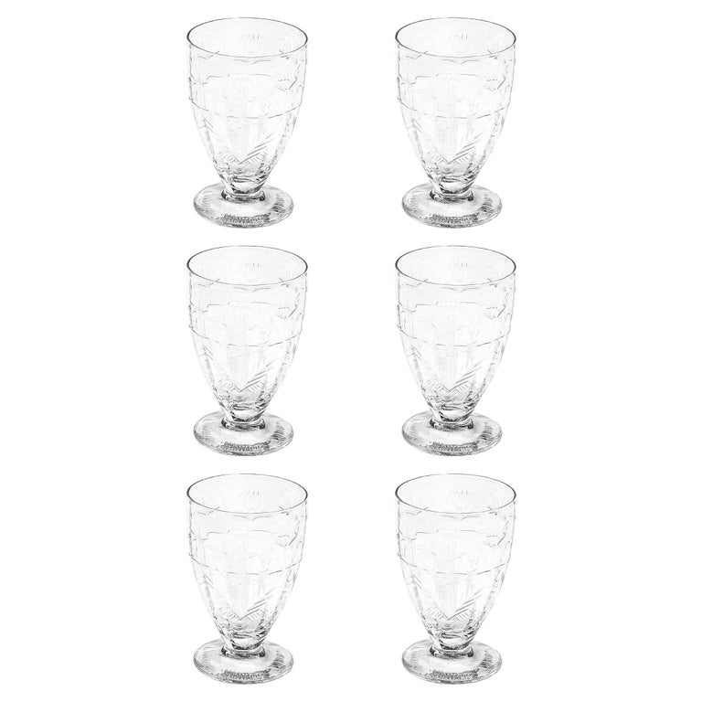 Set of 6 Fine Art Deco Cut Crystal Water Glasses with Foliate Motifs