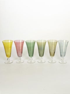 Set of 6 Fine Colored Glass Champagne Coupes, France