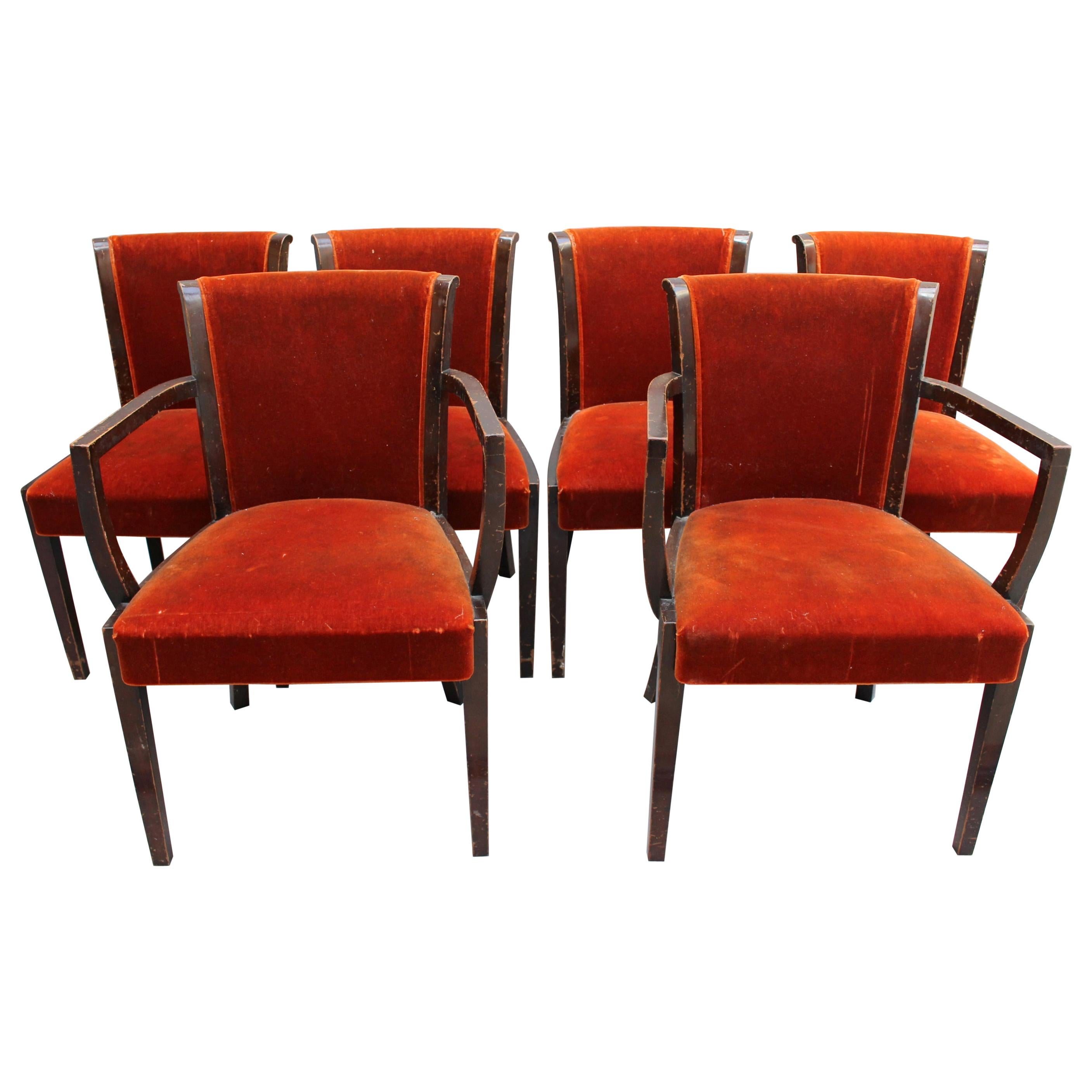 Ensemble de 6 chaises Art Déco belges de qualité par De Coene (4 pieds et 2 bras)