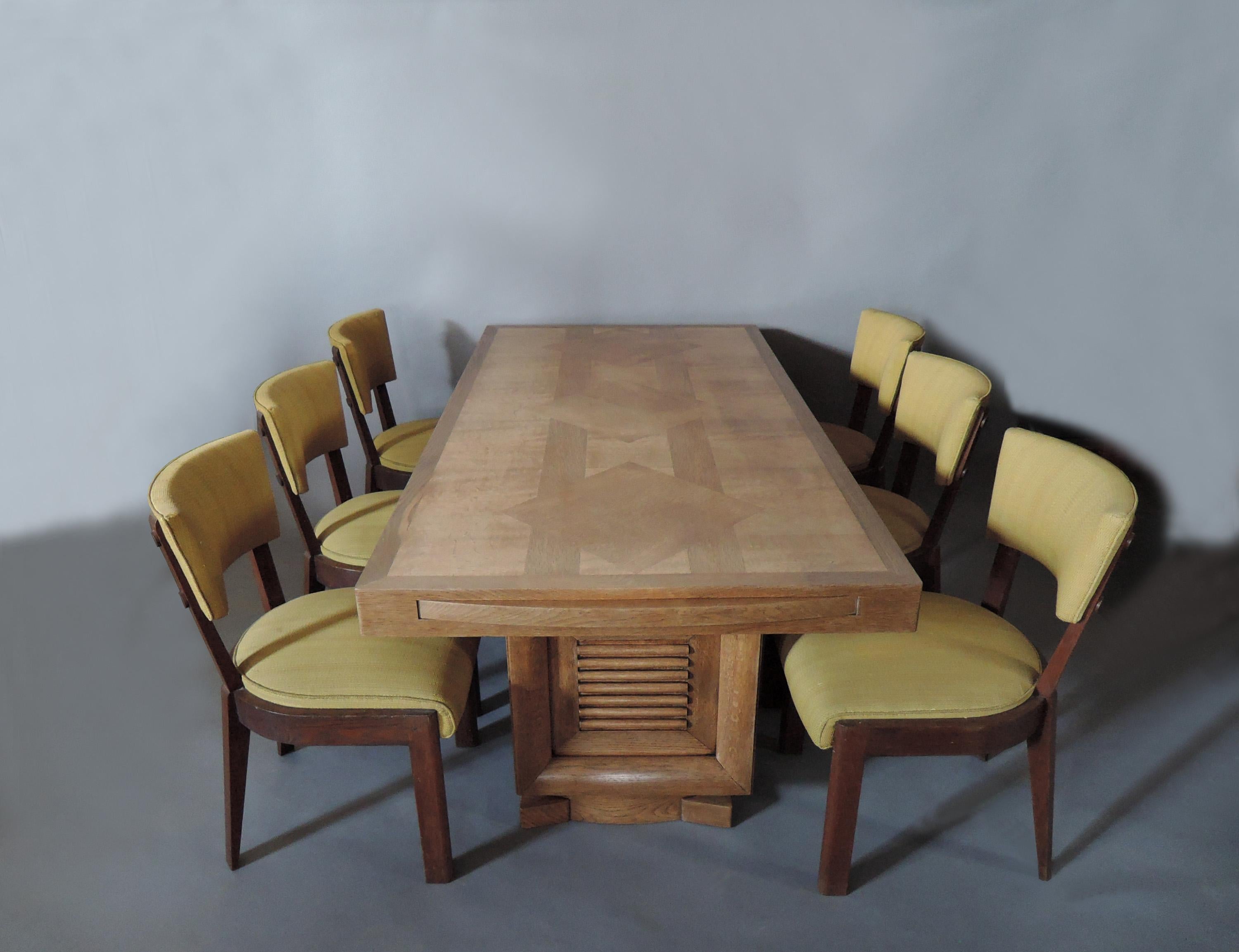 Set of 6 Fine French Art Deco Oak Dining Chairs by Dudouyt (Table Available) 15