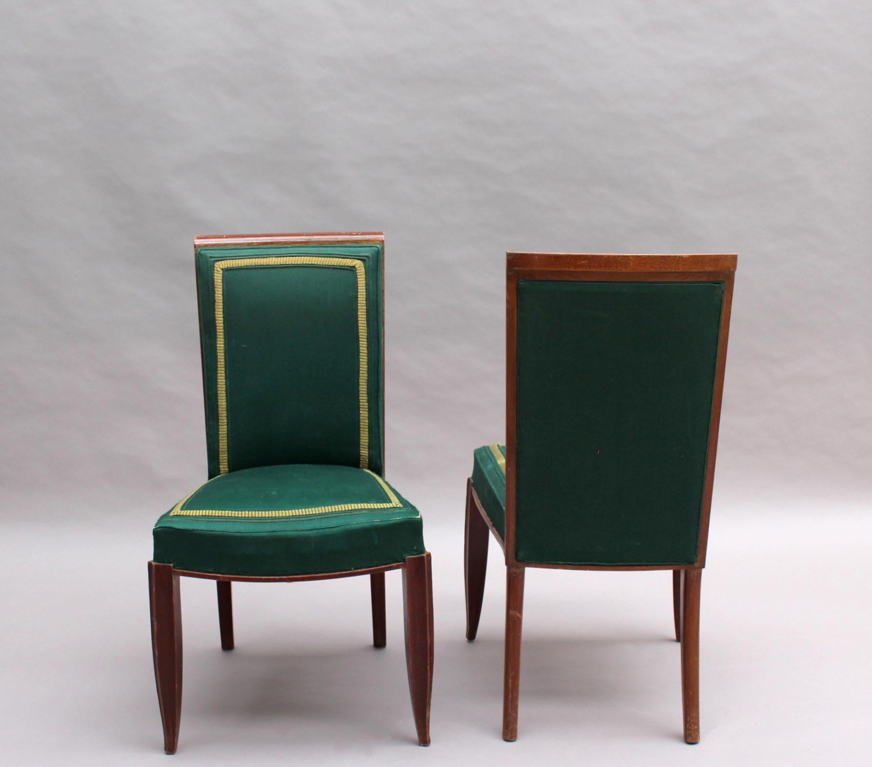 Fabric Set of 6 Fine French Art Deco Oak Dining Chairs For Sale