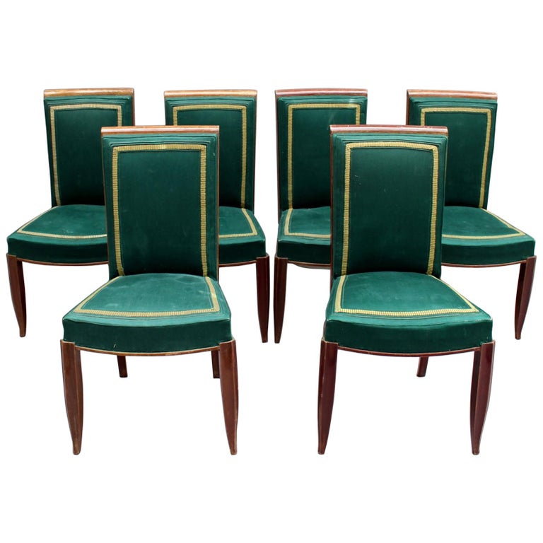 Set of 6 Fine French Art Deco Oak Dining Chairs For Sale