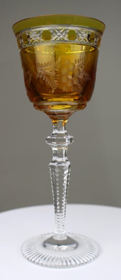 Set of 6 Fine Meissen Crystal Amber Overlay Engraved Wine Glasses