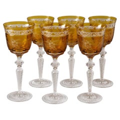Set of 6 Fine Meissen Crystal Amber Overlay Engraved Wine Glasses