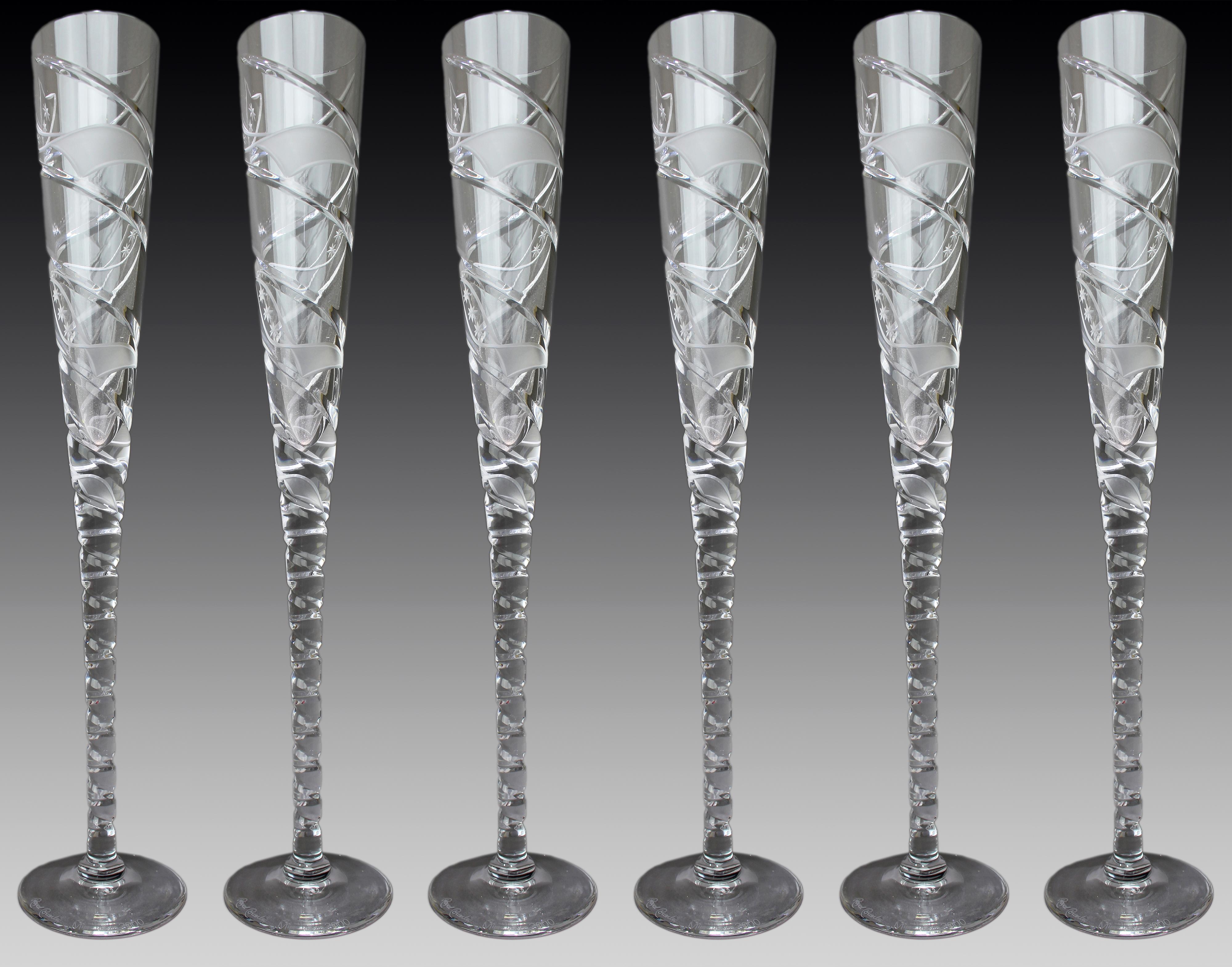 Set of 6 Fine Very Large Crystal Toasting Flutes


English, c.2000

Beautiful collection of 6 Royal Brierley Crystal toasting flutes.

Made in the heart of English glassmakers, Stourbridge, in celebration of the millennium 

Fully hand crafted and