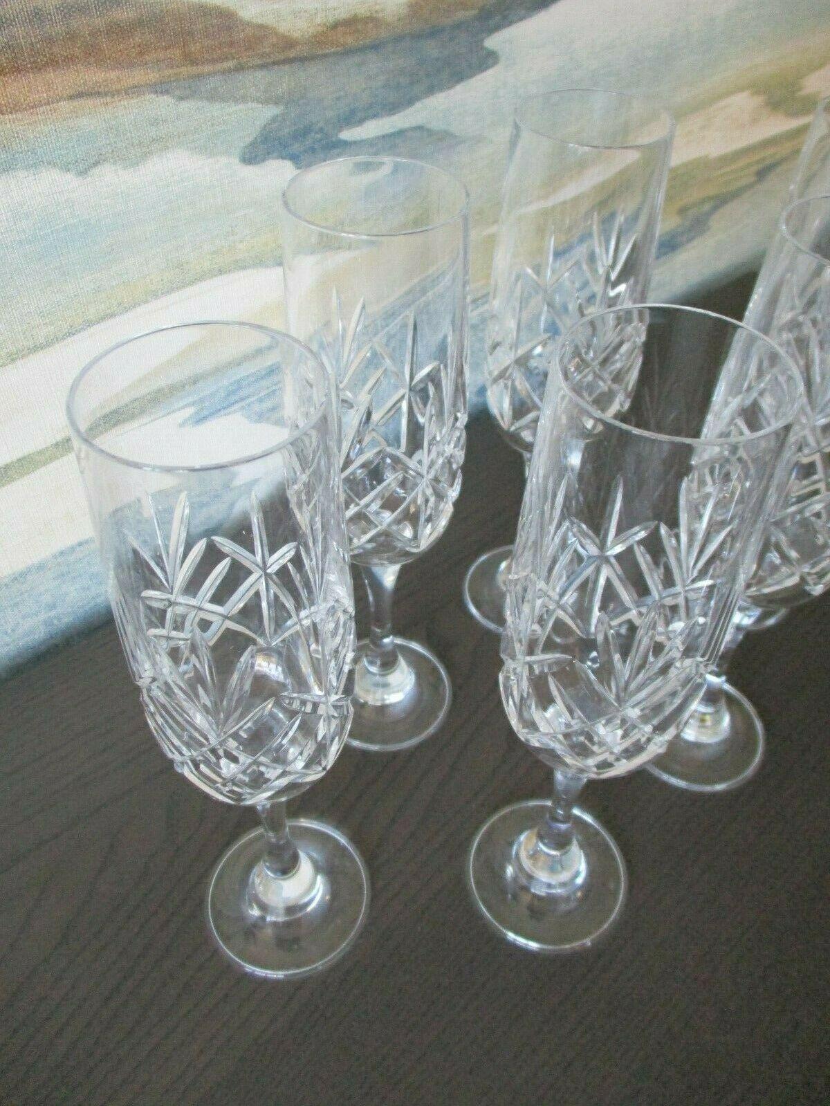 British Set of 6 Fine Vintage Cut Glass Champagne Flutes