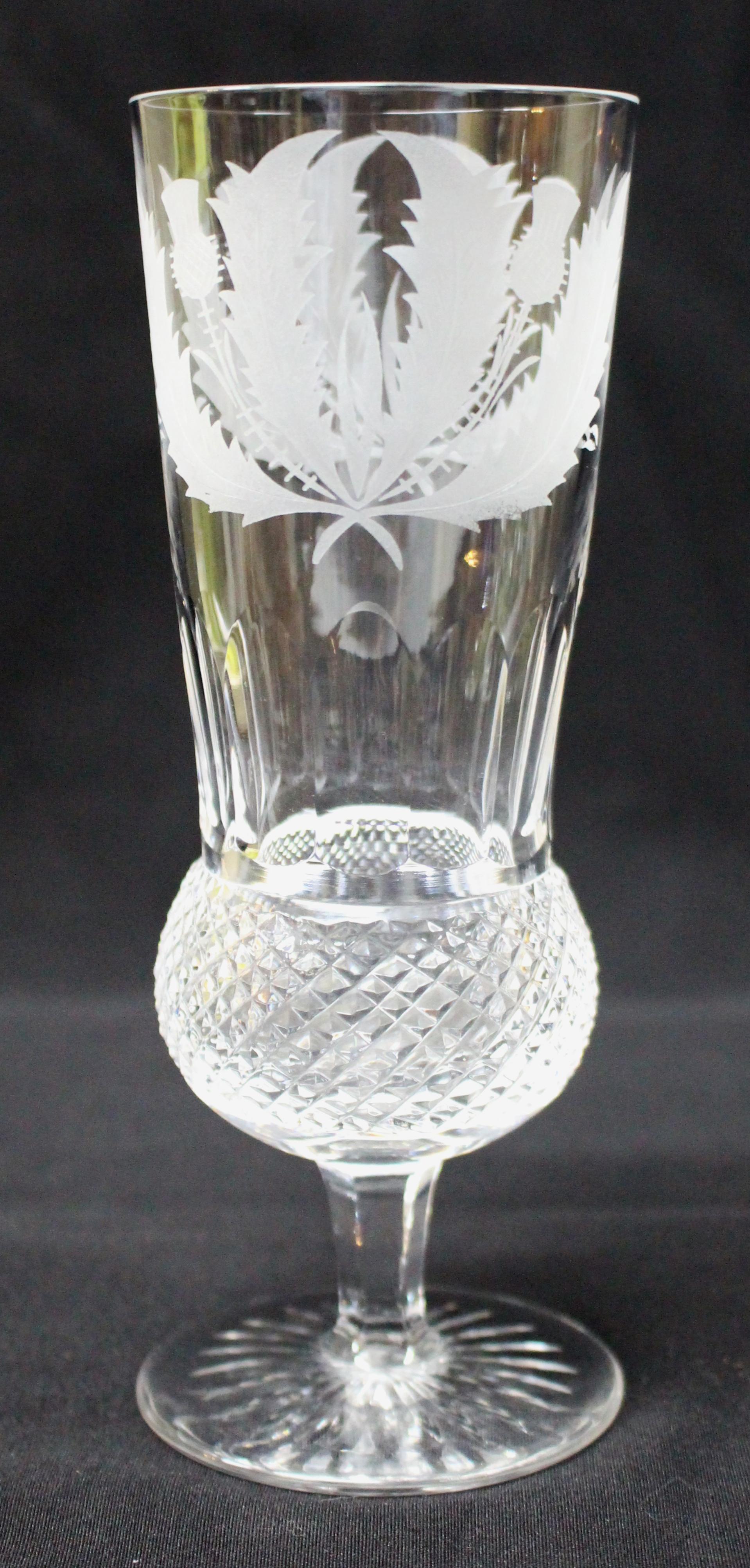 Period: circa 1950
Origin: Edinburgh
Type: Champagne glasses
Set: Six
Top diameter: 7 cm / 2 1/2 in
Height: 18 cm / 7 in

Stunning set of six Edinburgh crystal champagne glasses

Heavily cut lower bowl with acid etched thistle motif to the