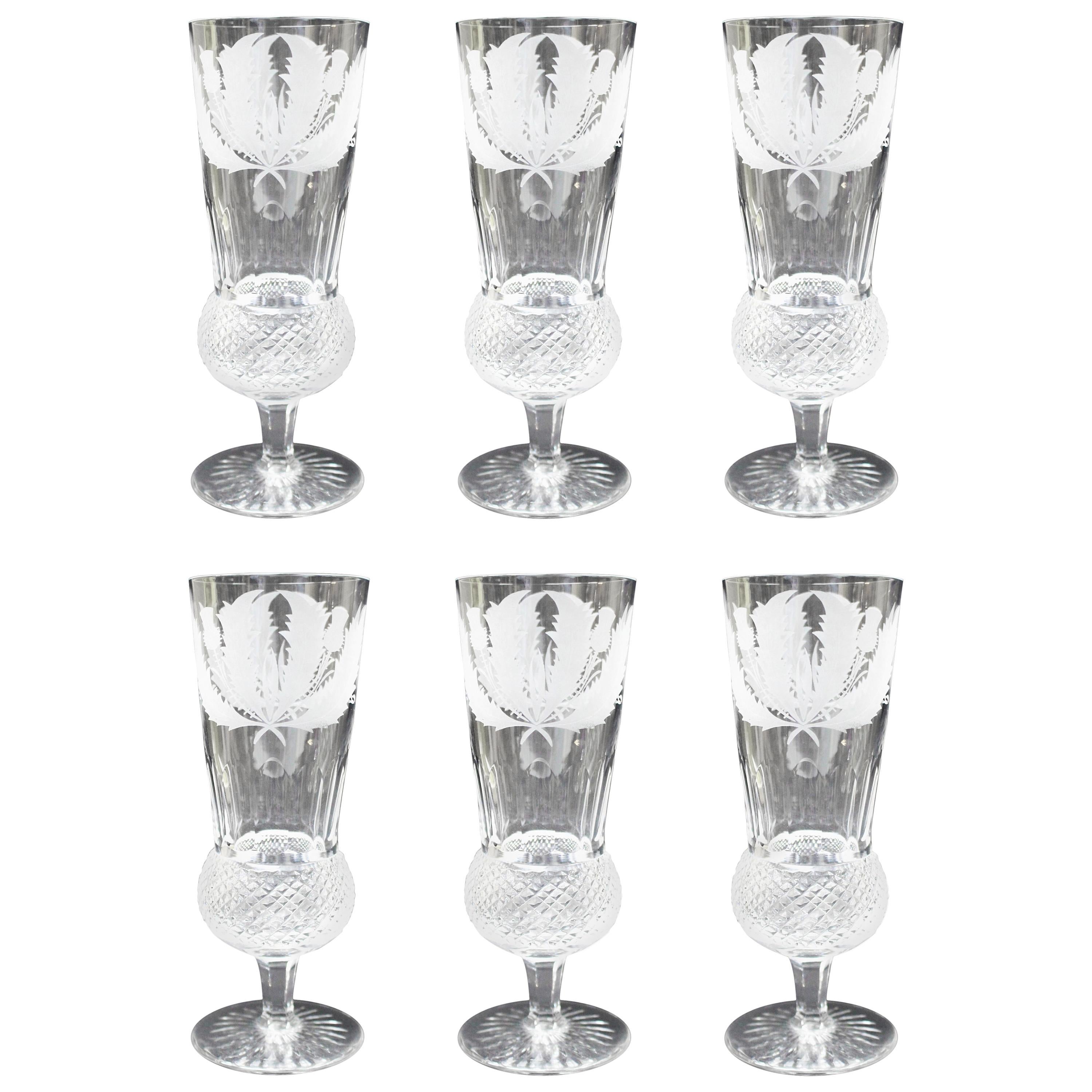 Set of 6 Fine Vintage Edinburgh Crystal Thistle Pattern Champagne Glasses