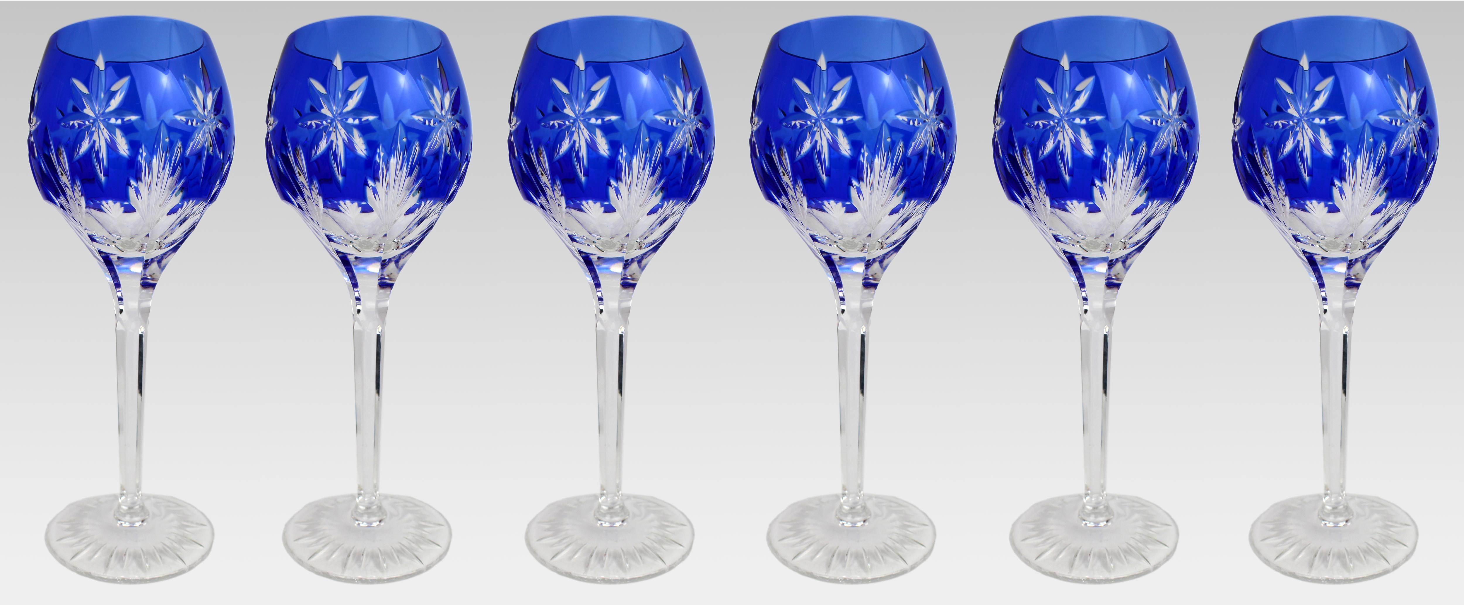 Set of Six Horst Belda Blue Overlay Cut Crystal Wine Glasses, Germany, c. 1980s

Description:
A finely cut set of six cobalt blue overlay crystal wine glasses by Horst Belda, West Germany, marked HB in circle © 83FC Germany to the base.

Each glass