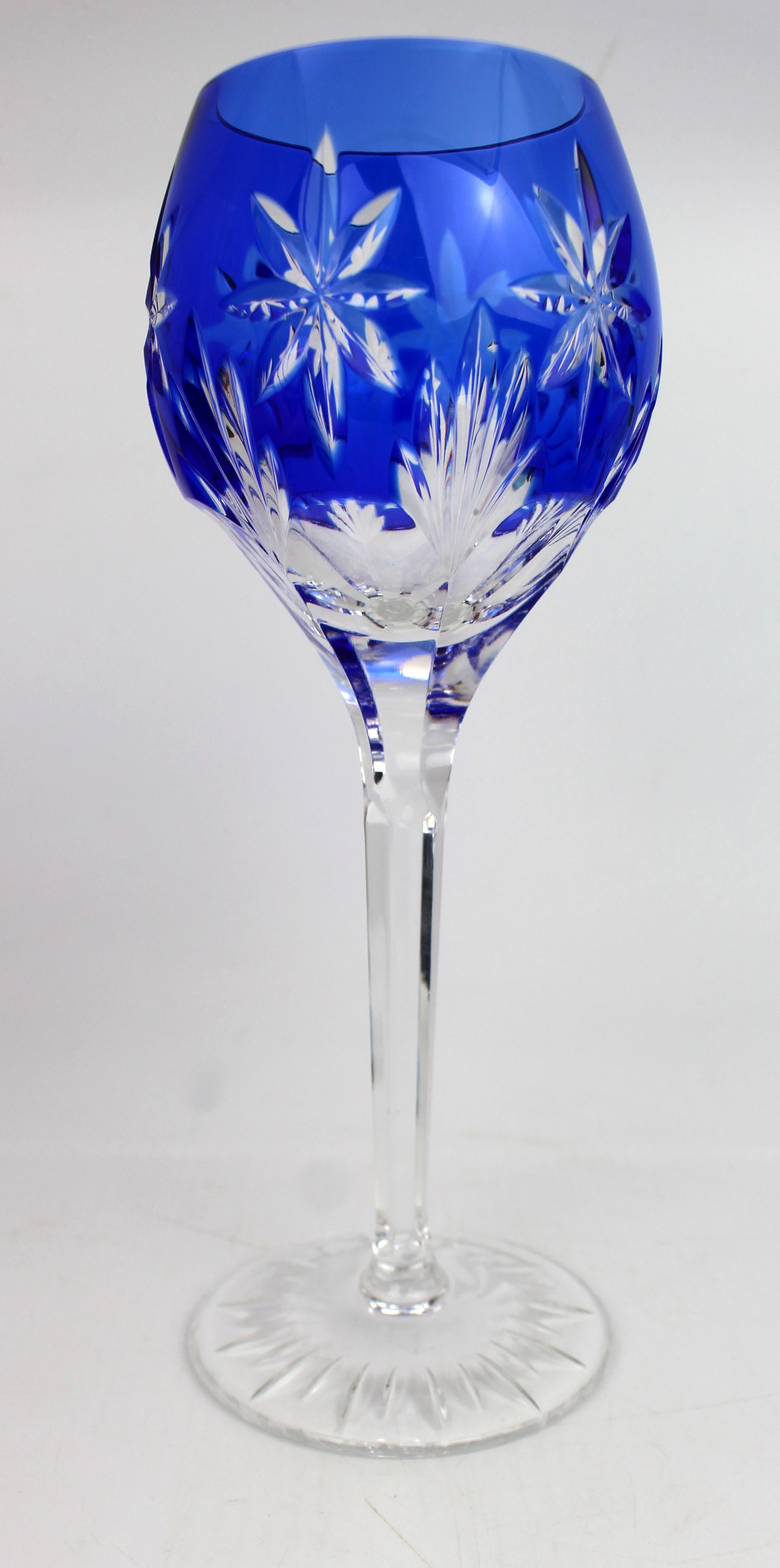 Set of 6 Fine Vintage Horst Belda Blue Overlay Crystal Wine Glasses For Sale 2