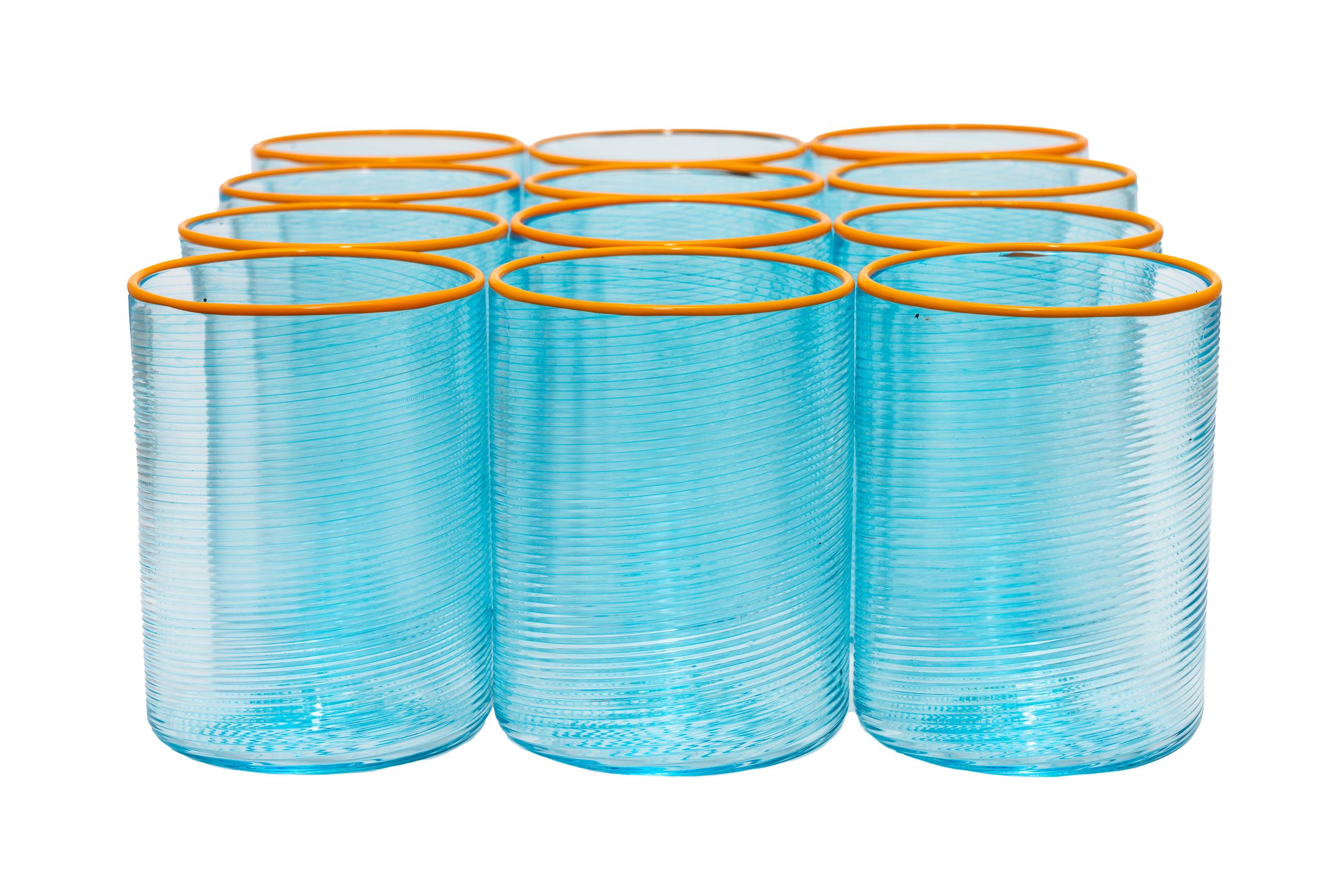 6er-Set FIZZY blaue Gläser mit orangefarbenen Glasrändern von Giberto Venezia (Italienisch) im Angebot