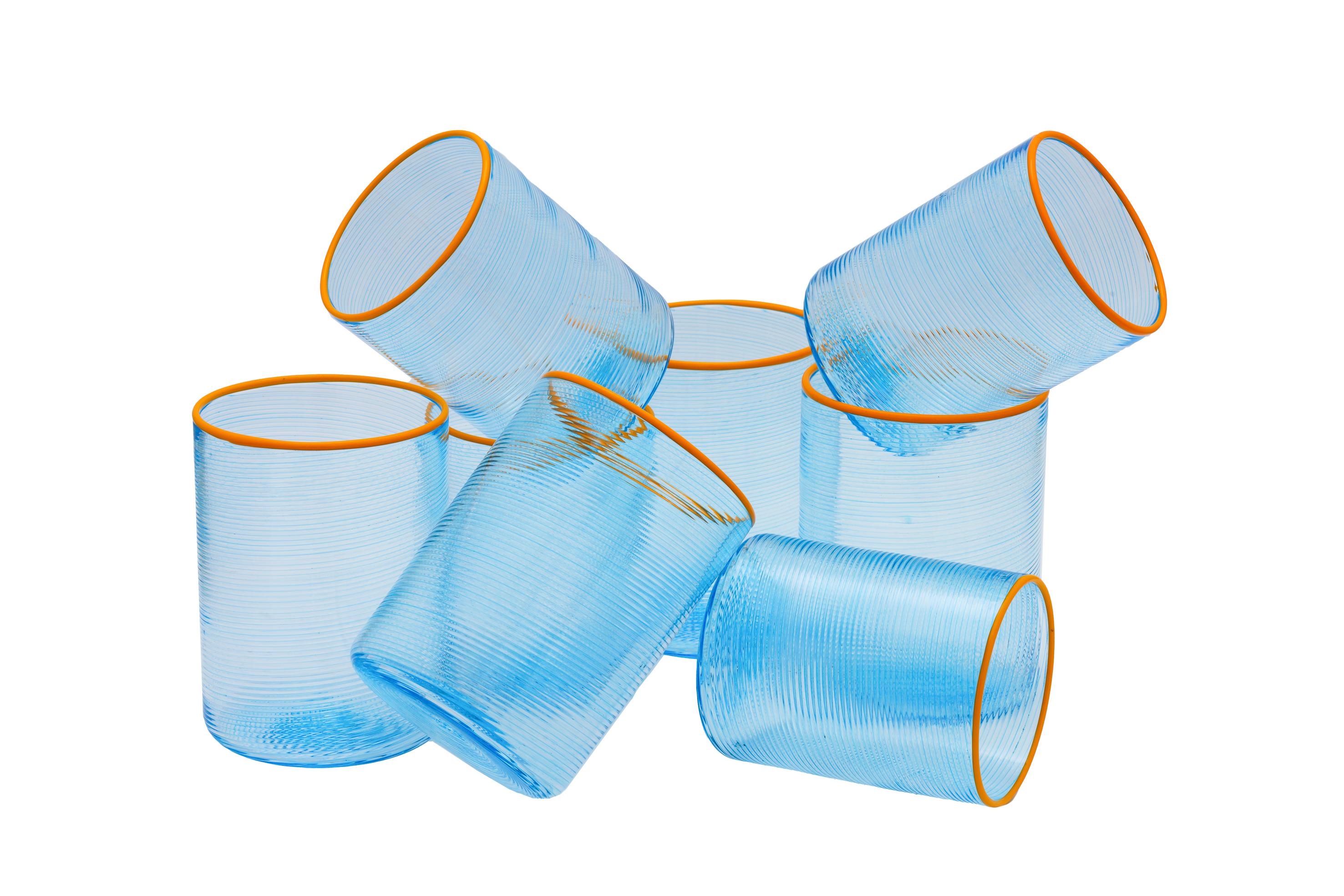 6er-Set FIZZY blaue Gläser mit orangefarbenen Glasrändern von Giberto Venezia (Handgefertigt) im Angebot