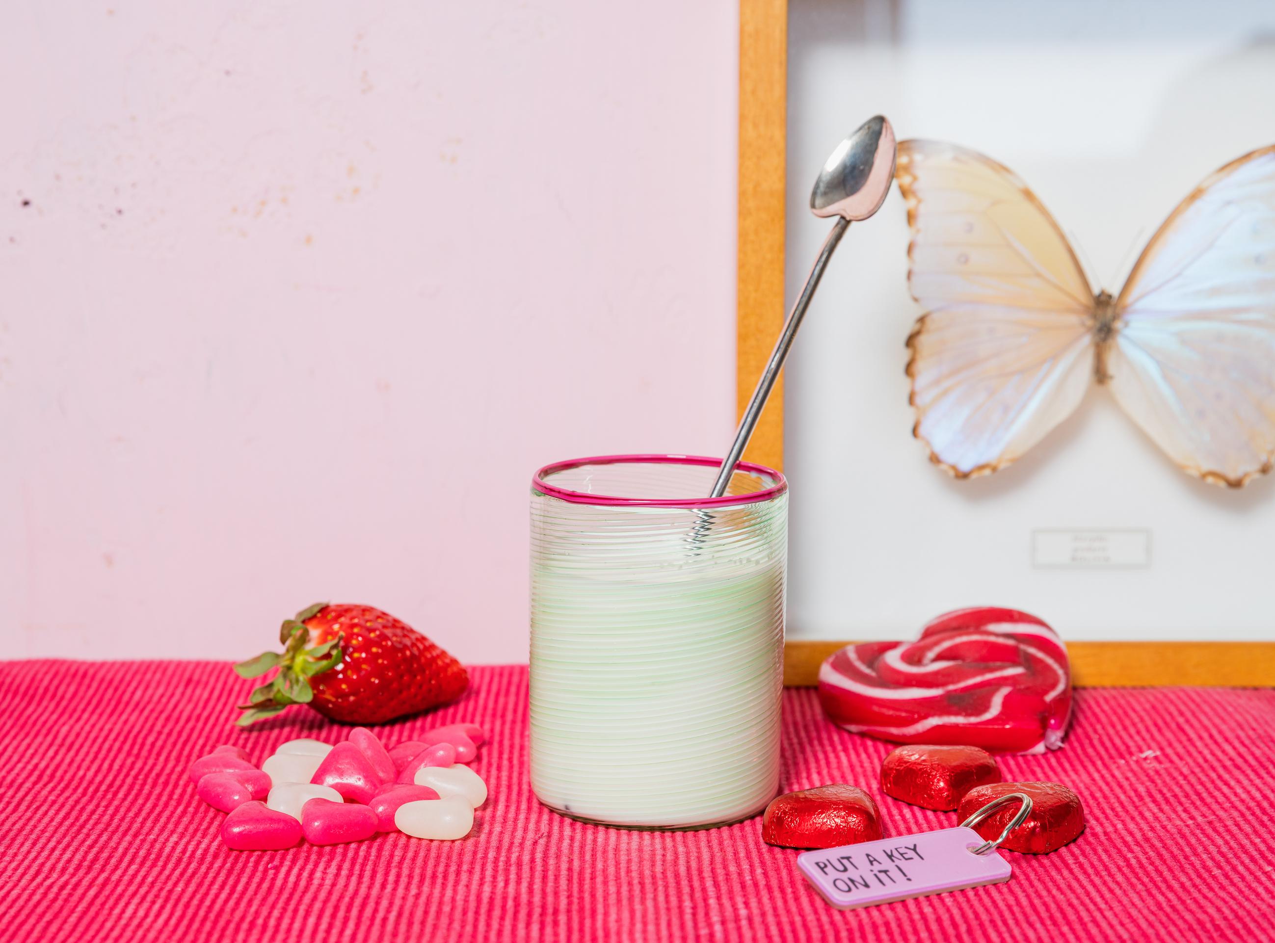 Fait main Set de 6 verres verts FIZZY avec bords en verre rose, par Giberto Venezia en vente