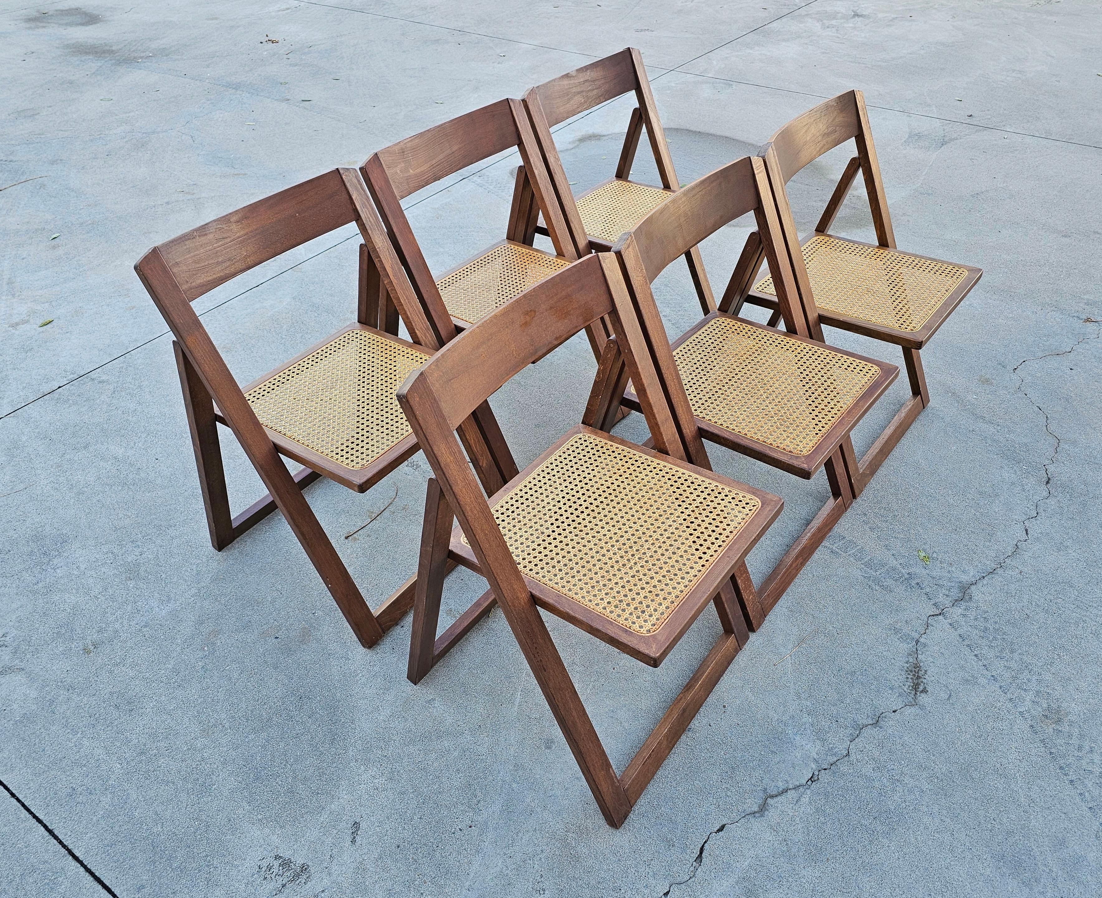 Late 20th Century Set of 6 Folding Chairs with Cane Seats in style of Aldo Jacober, Italy 1980s For Sale
