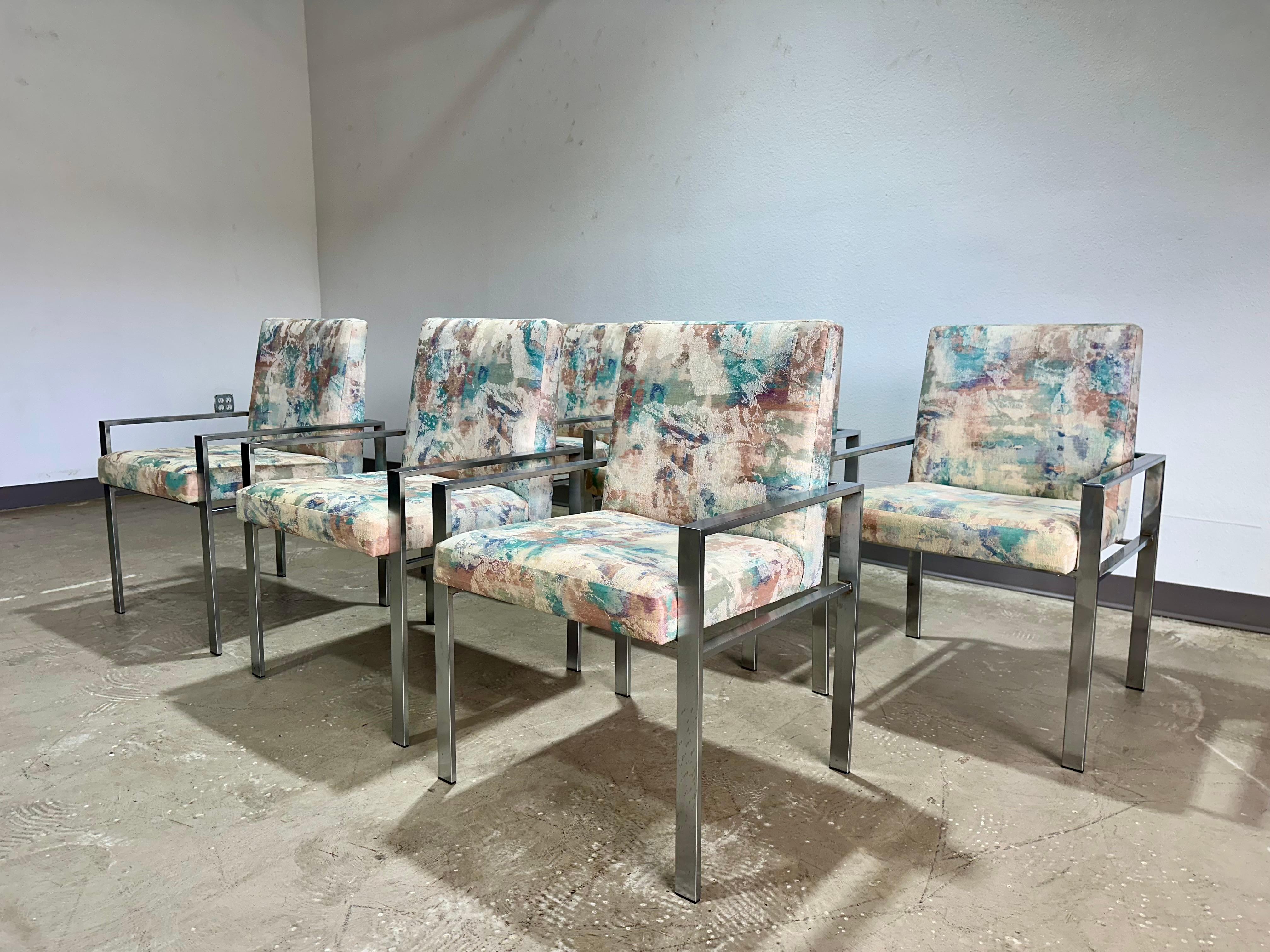 Aluminum Set of 6 Founders Patterns 23 Mid Century Brushed Chrome Dining Chairs For Sale