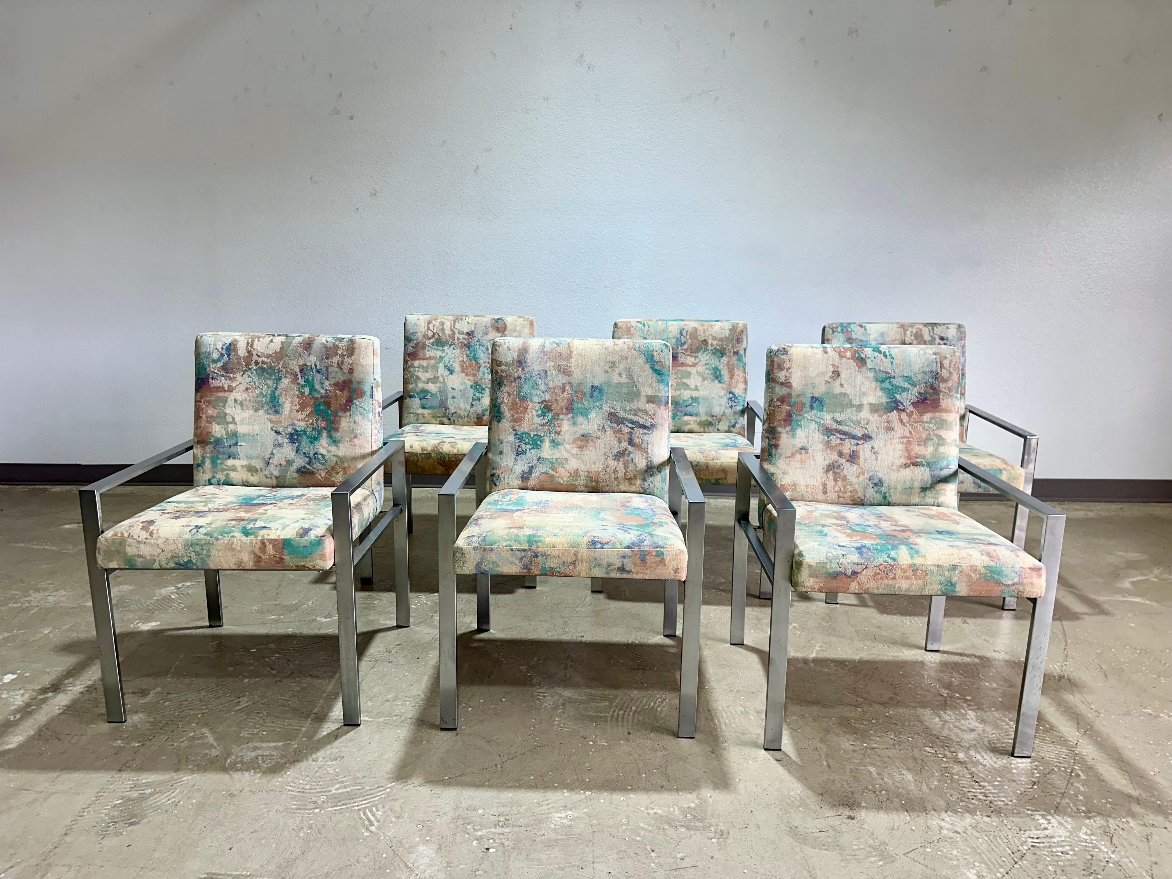 Set of 6 Founders Patterns 23 Mid Century Brushed Chrome Dining Chairs For Sale 1