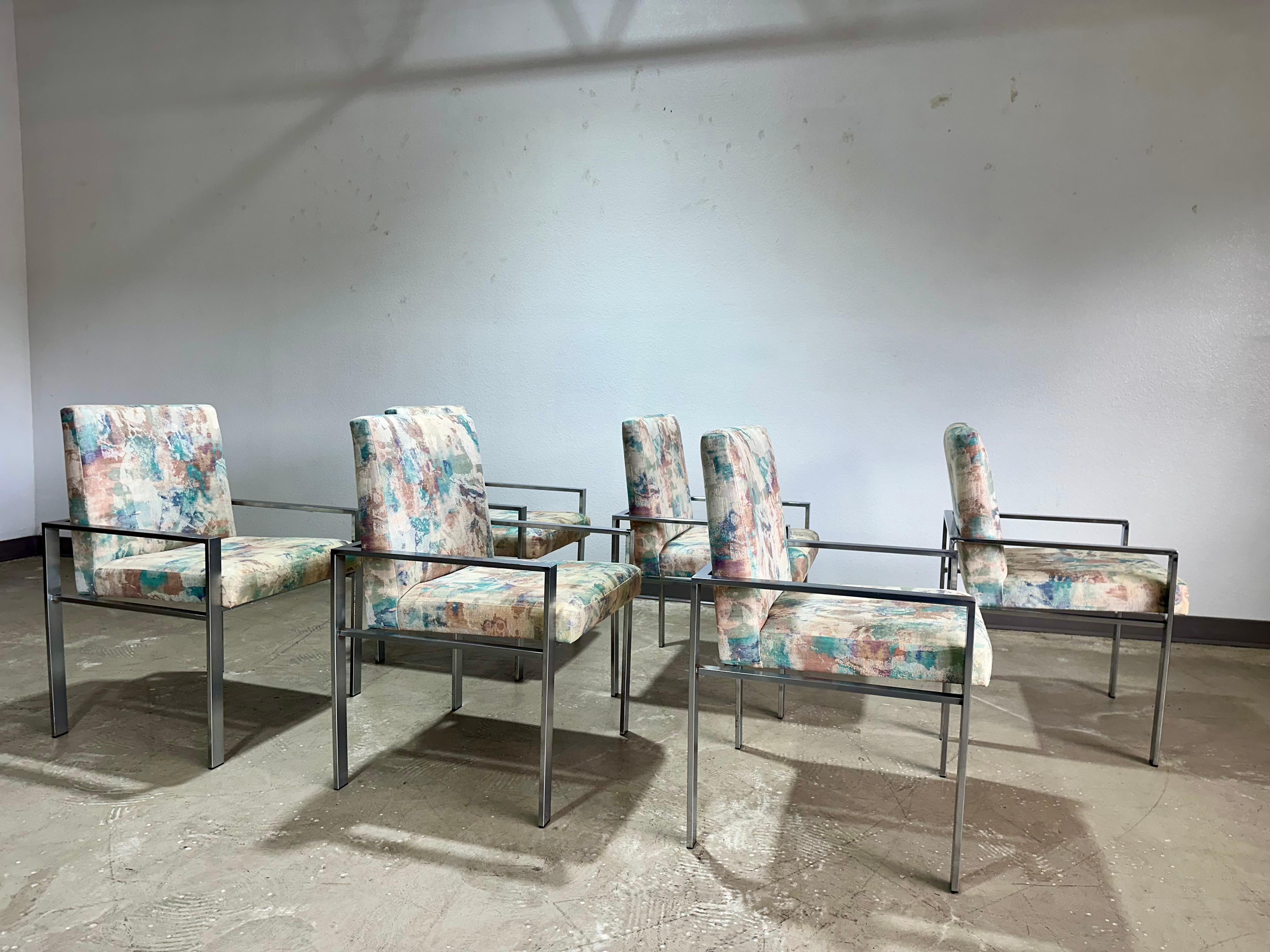 Set of 6 Founders Patterns 23 Mid Century Brushed Chrome Dining Chairs For Sale 2