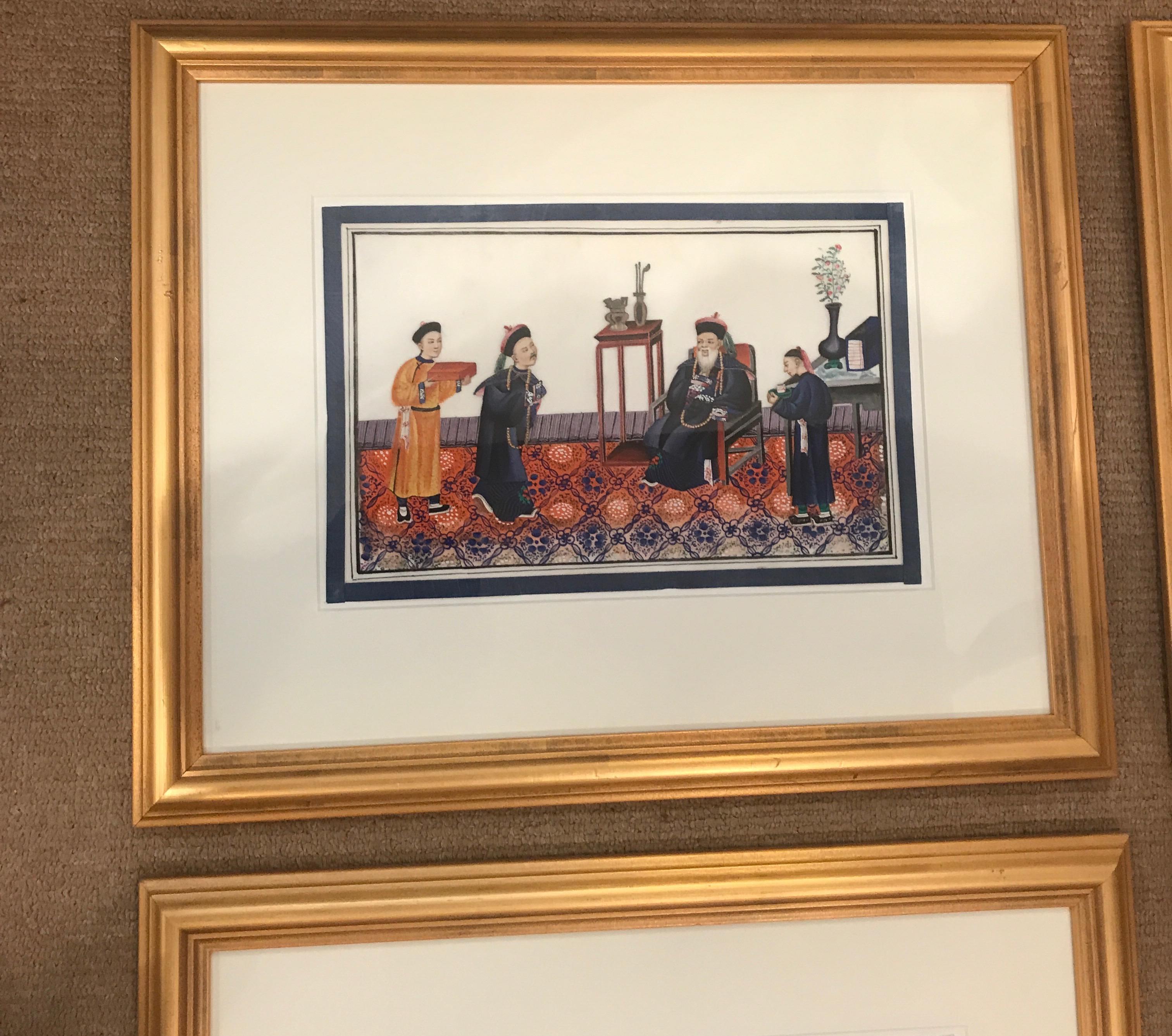 Vibrant set of 6 gouache paintings on pith paper mid-19th century Chinese. Excellent condition in simple later giltwood frames. The label on back stating they are from a fine art gallery in Hong Kong. The set depicting Chinese ceremonial court