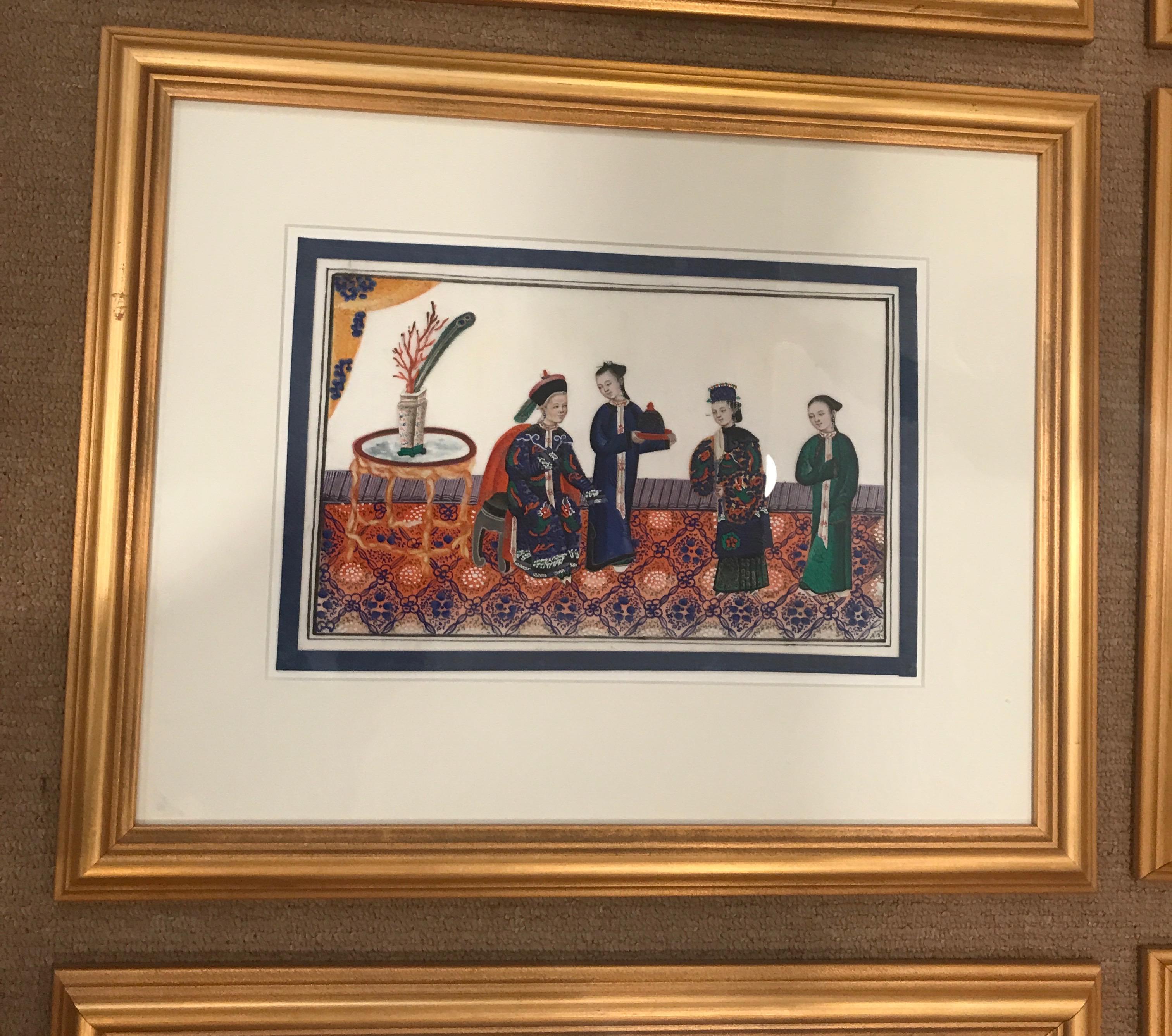 Chinese Set of 6 Framed Gouache Paintings on Pith Paper, China, 1850